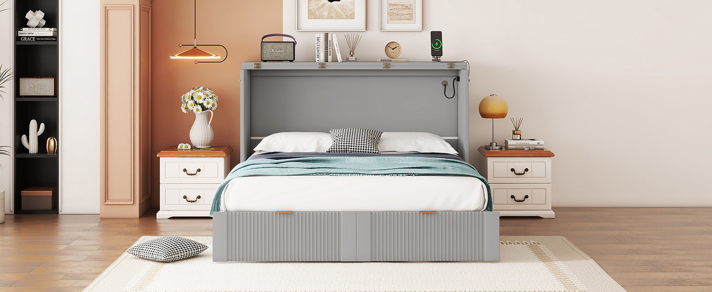 Full Size Murphy Bed With Drawer And A Set Of Sockets & Usb Ports, Pulley Structure Design, Gray Full Gray Plywood