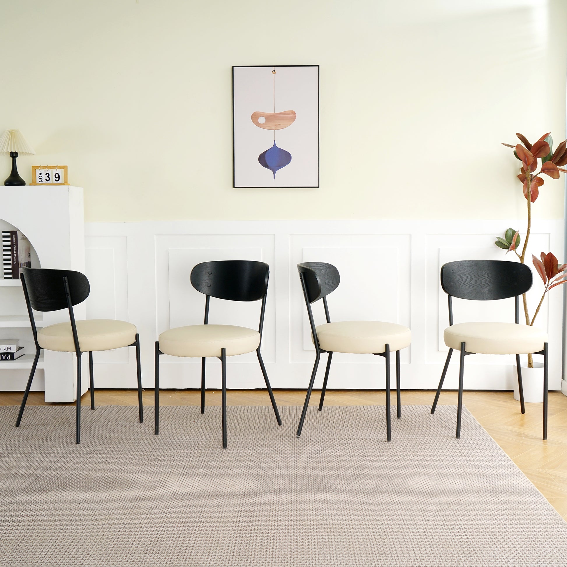 Modern Grey Simple Pu Dining Chair Upholstered Chair Family Bedroom Stool Back Dressing, Black Round Table Set, Bentwood Covered With Ash Veneer Chair Back, Chair Black Metal Legs Set Of 5 Black Mdf