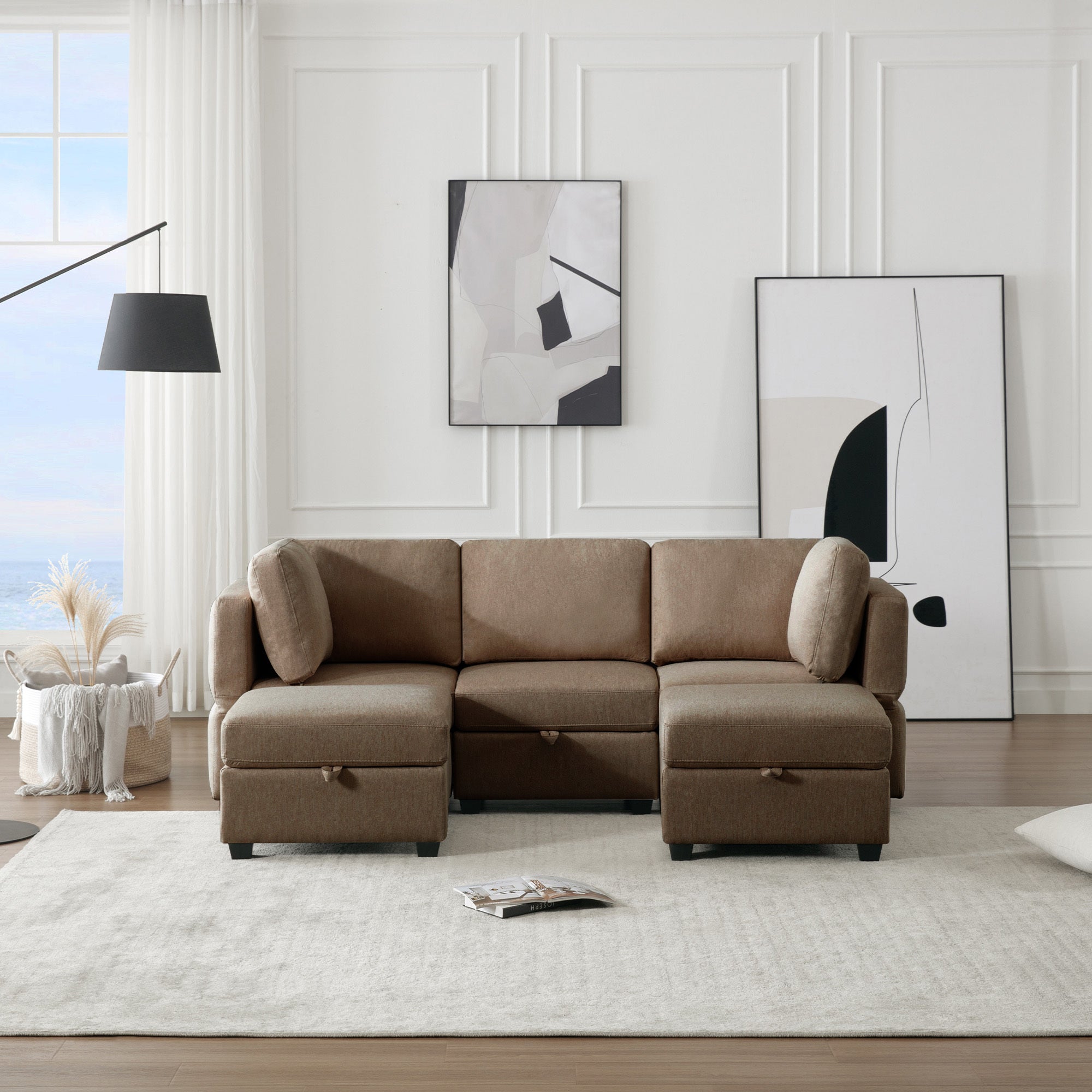 Reversible Sectional Sofa Modern Modular Sectional Couch With Chaise U Shaped Corner Sectional 5 Seater Modular Sofa With Storage Seats, Adjustable Arms And Backs Brown Brown Polyester 3 Seat