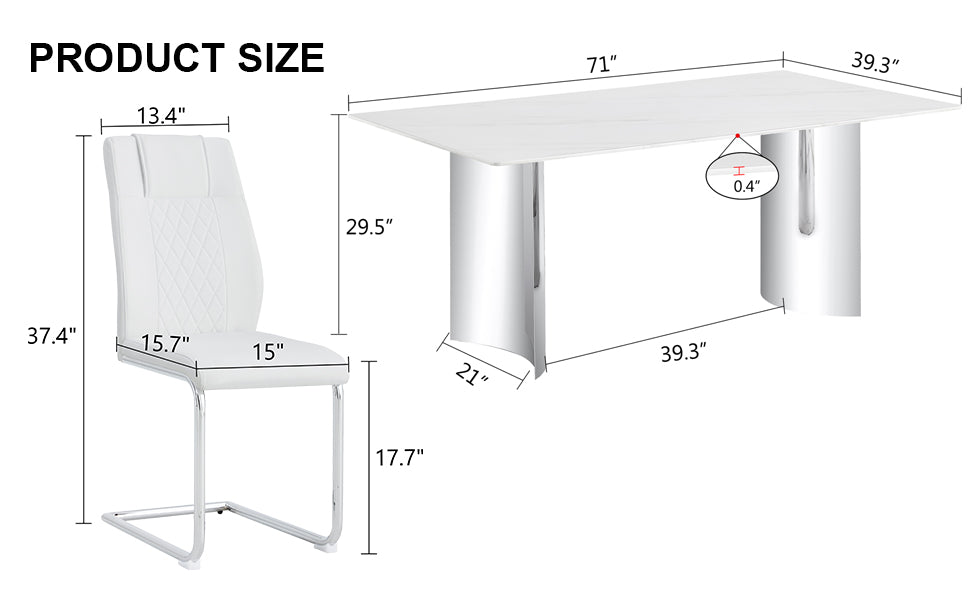 Table And Chair Set, Modern And Minimalist Dining Table. Imitation Marble Glass Sticker Desktop, Stainless Steel Legs, Stable And Beautiful. Comfortable Pu Seats. Dt 69 White Silver Glass