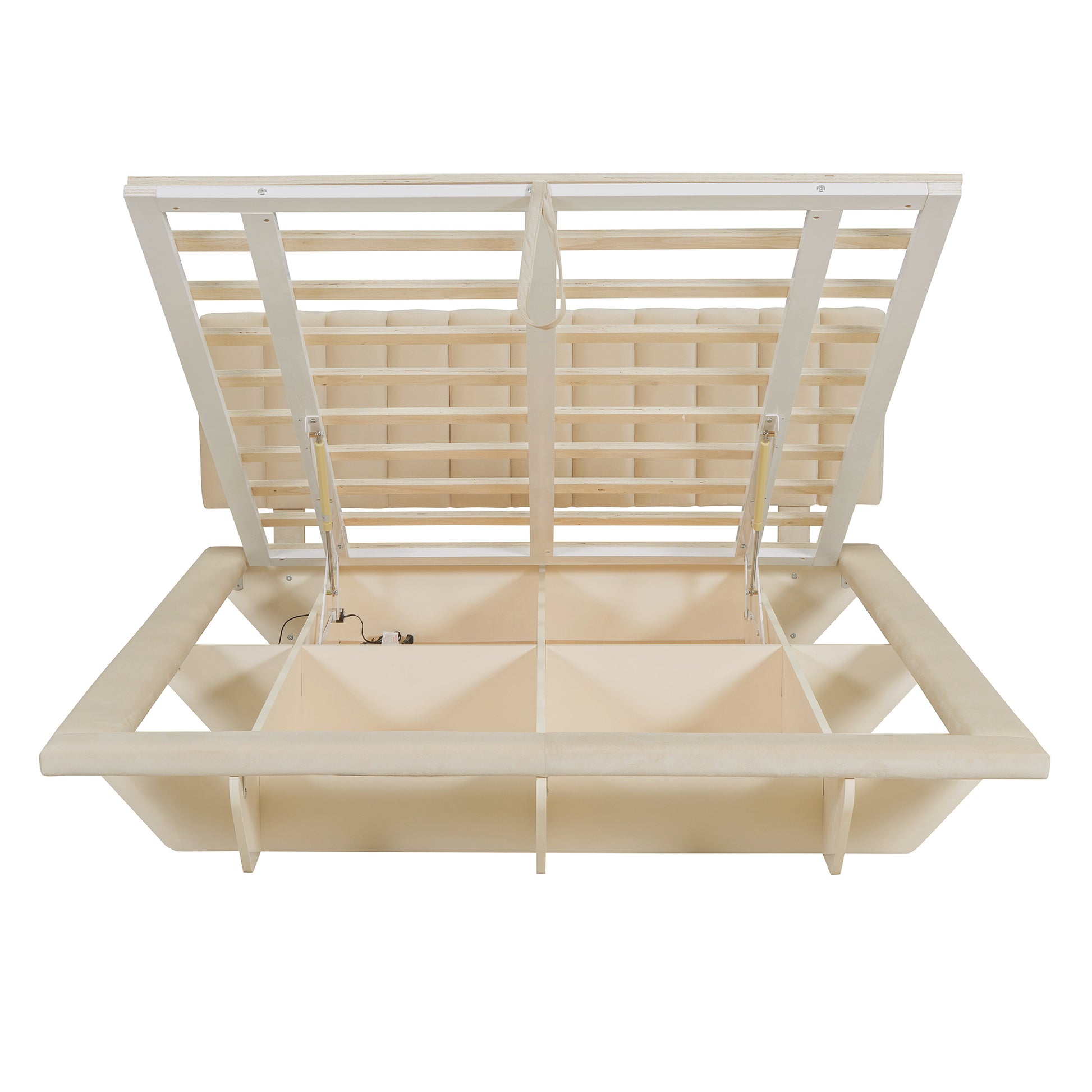 Queen Size Upholstered Floating Bed With Led Light And Usb Port, Velvet, Beige, Hydrualic Platform Bed Queen Beige Velvet