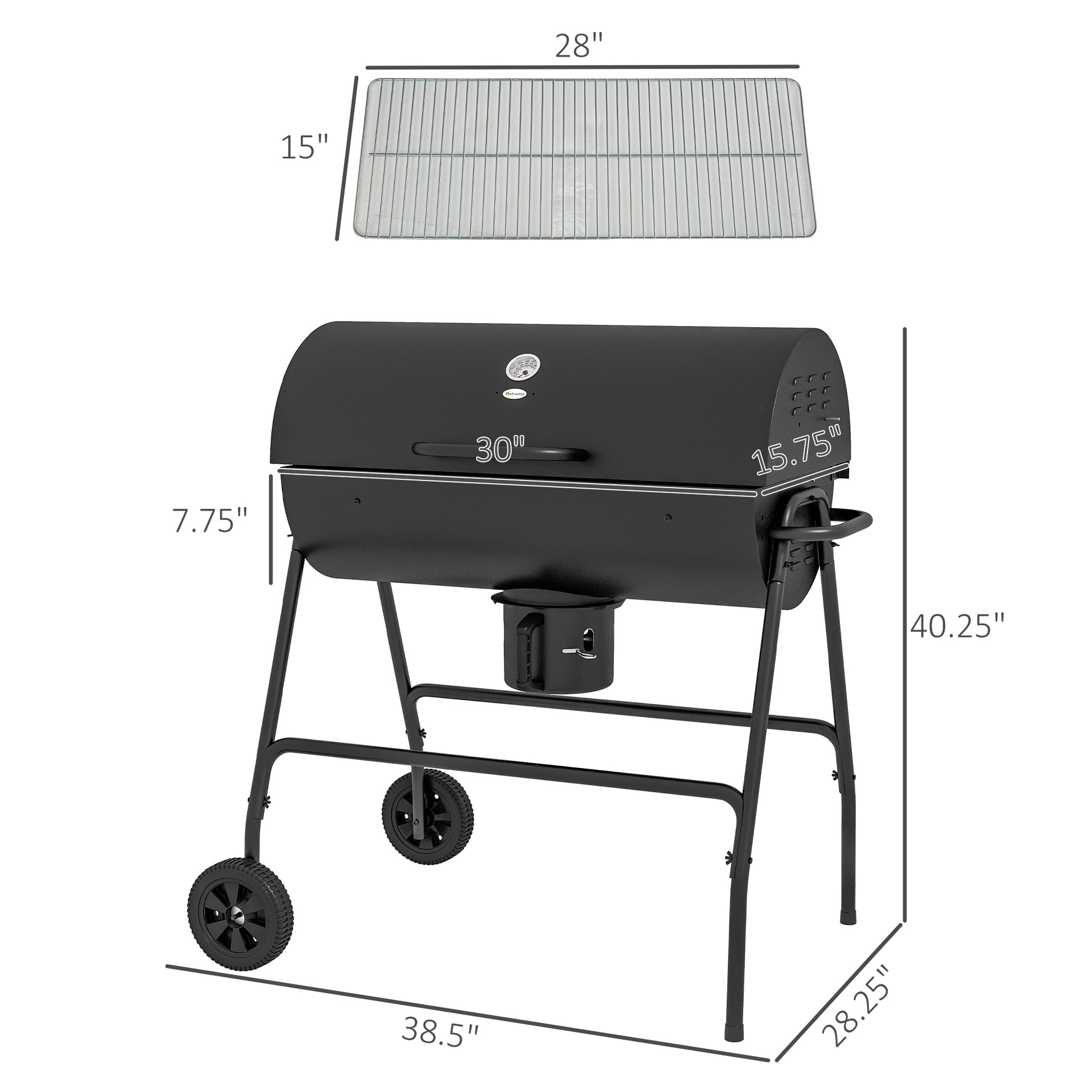 Outsunny Barrel Charcoal Bbq Grill With 420 Sq.In. Cooking Area, Outdoor Barbecue With Wheels, Ash Catcher And Built In Thermometer For Patio Picnic, Backyard Party, Black Black Steel