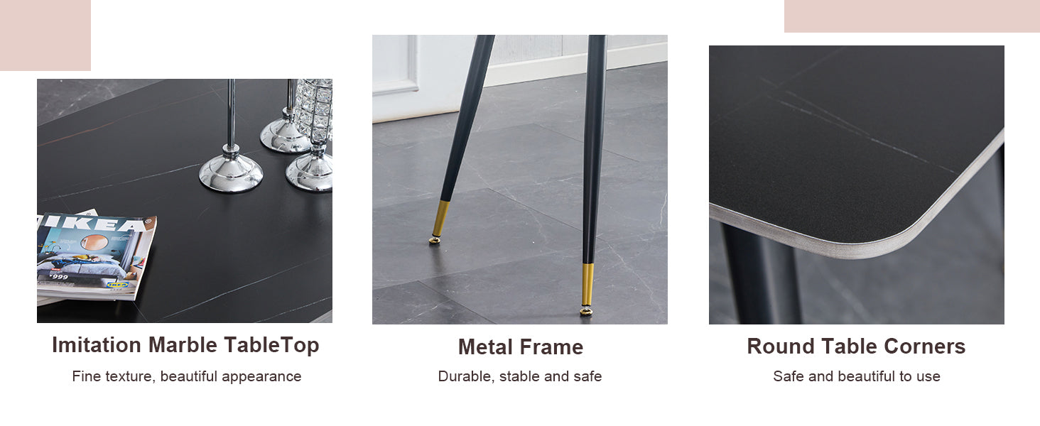 Table And Chair Set. Large Modern Rectangular Table With Black Textured Top And Black Metal Legs. Soft And Comfortable Pu Seats, Faux Leather Upholstered Seats And Sturdy Metal Legs. White Black Seats 4 Sintered Stone