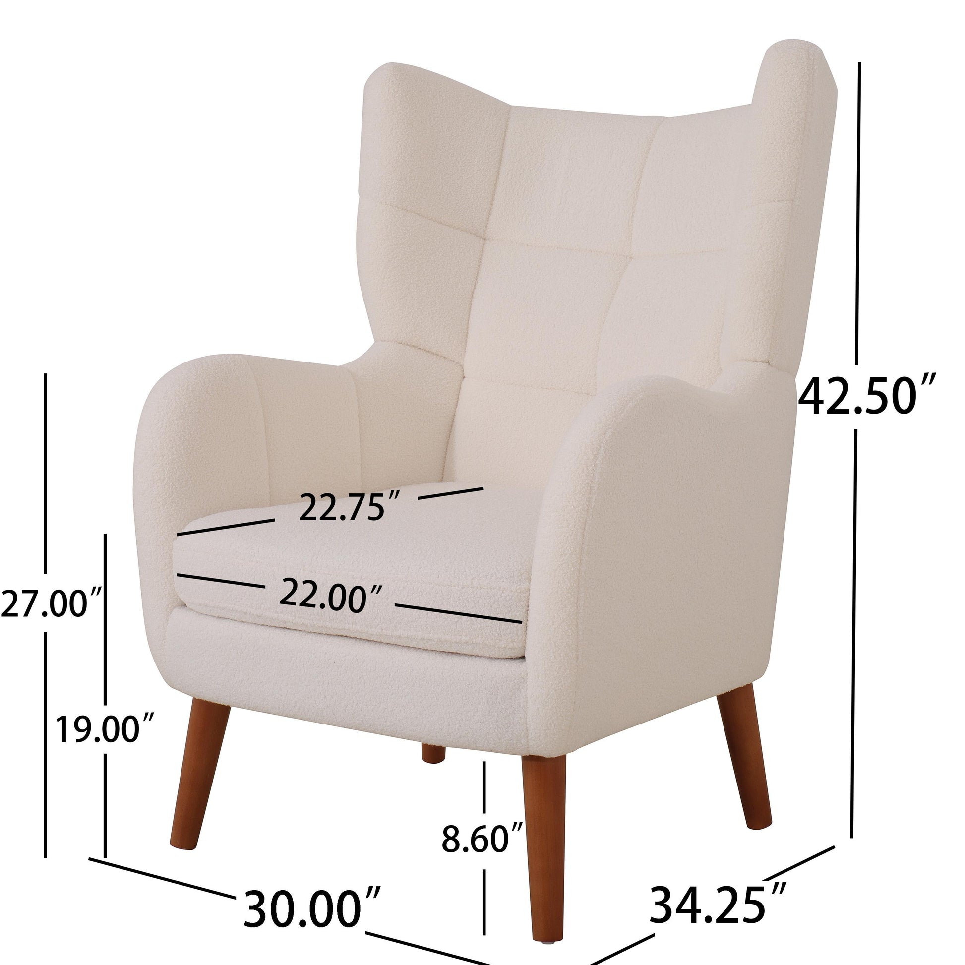 Mid Century Accent Chair, Ivory White, Modern Retro Lounge Armchair, Birch Frame, Upholstered Teddy Wool Fabric, Single Sofa Armchair For Small Spaces, Living Room, Bedroom, Reading Corner, Balcony Ivory White Espresso Primary Living Space