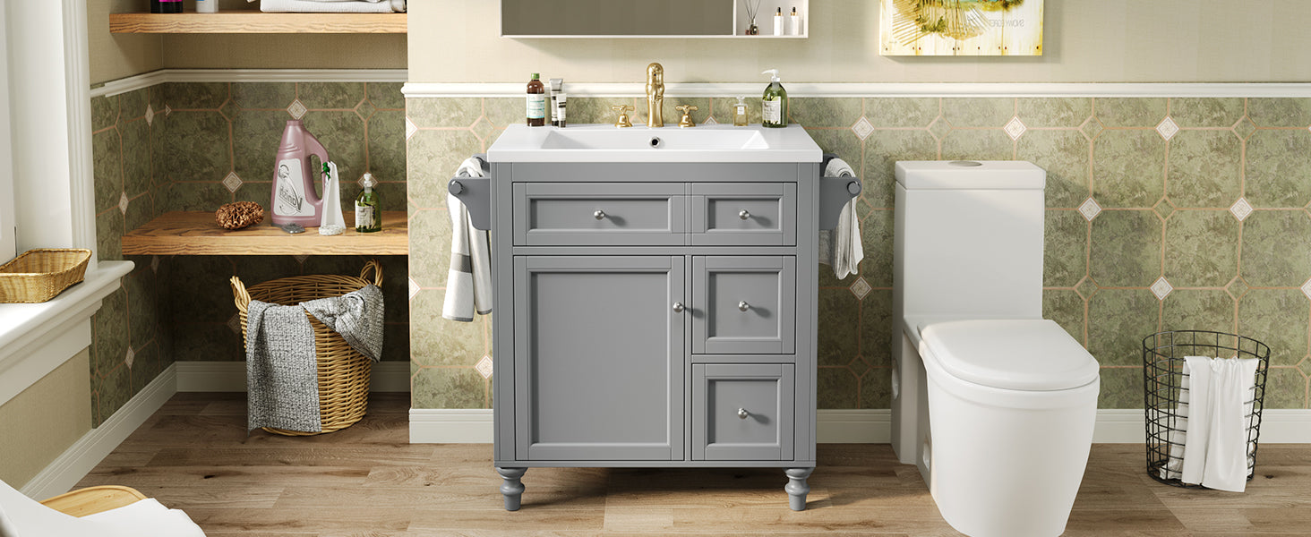 30'' Bathroom Vanity With Top Sink, Modern Bathroom Storage Cabinet With 2 Drawers And A Tip Out Drawer, Single Sink Bathroom Vanity Same As Sw000143Aae Grey Bathroom Modern Solid Wood Mdf Resin