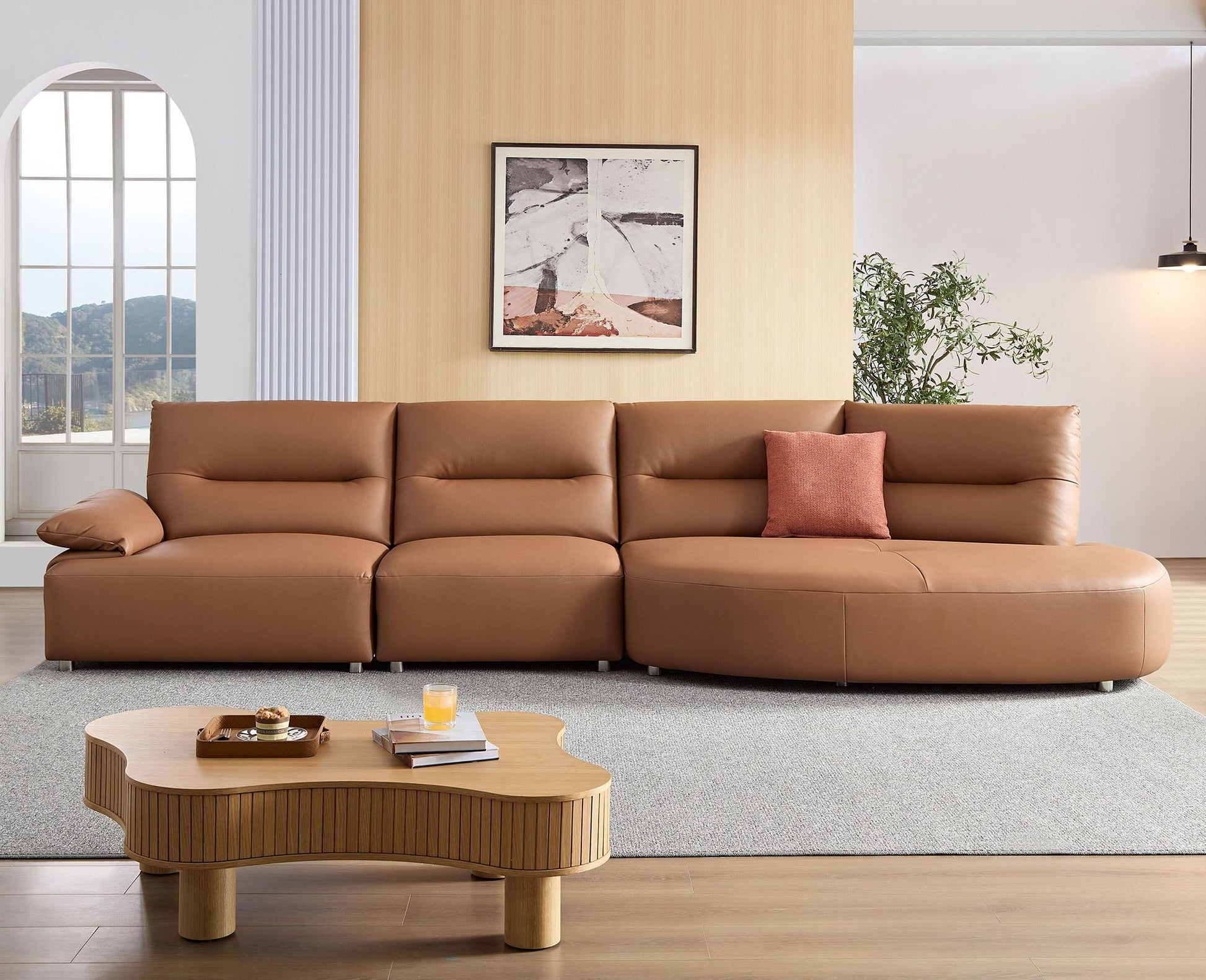 147.24'' Oversied Modern Sectional Curved Shaped Sofa Couch For Living Room,Upholstered 5 Seat Sofa Eco Leather Couch Set,Brown Brown Foam 5 Seat
