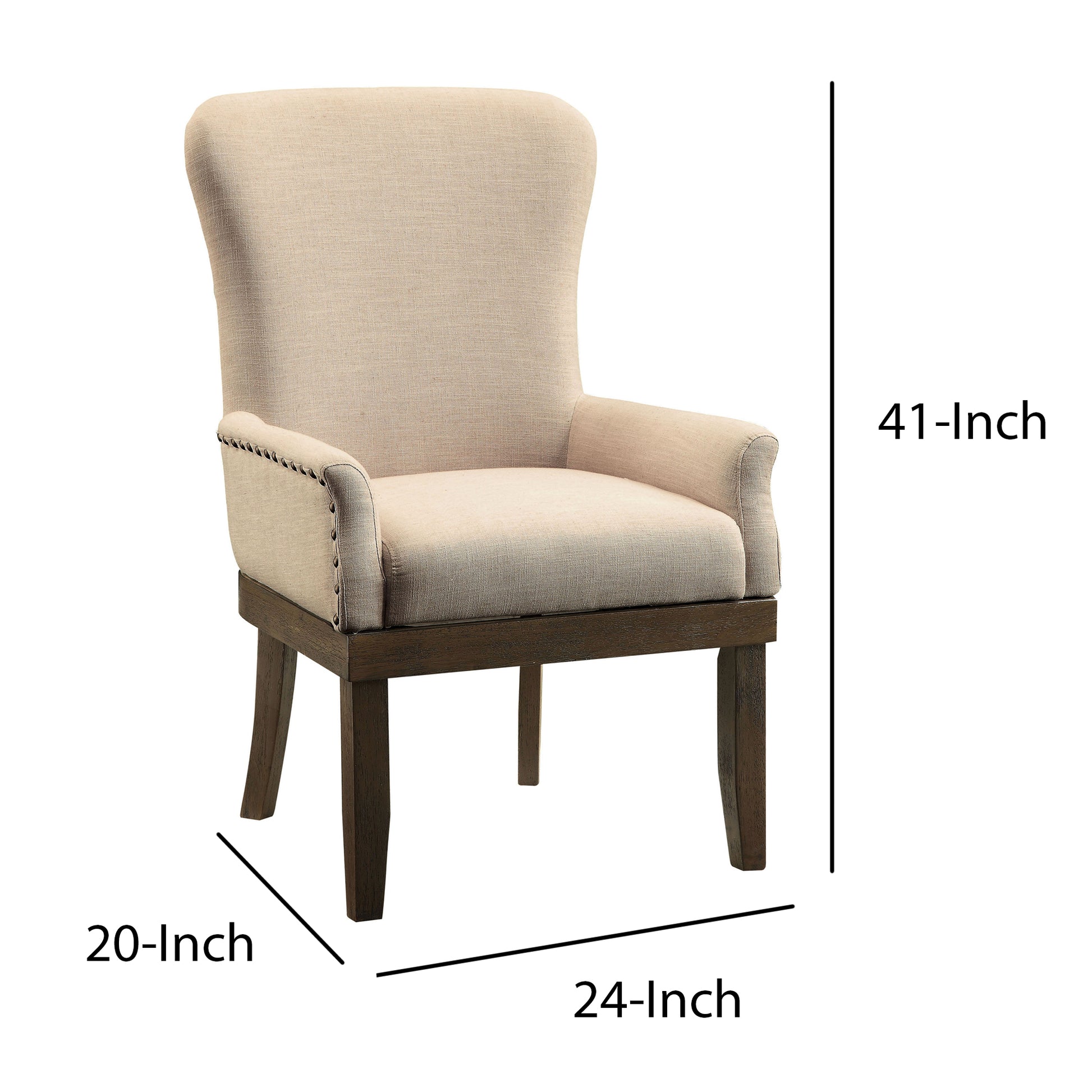 Wooden Arm Chair With Wing Back And Trims, Beige And Brown Beige Brown Wood Fabric