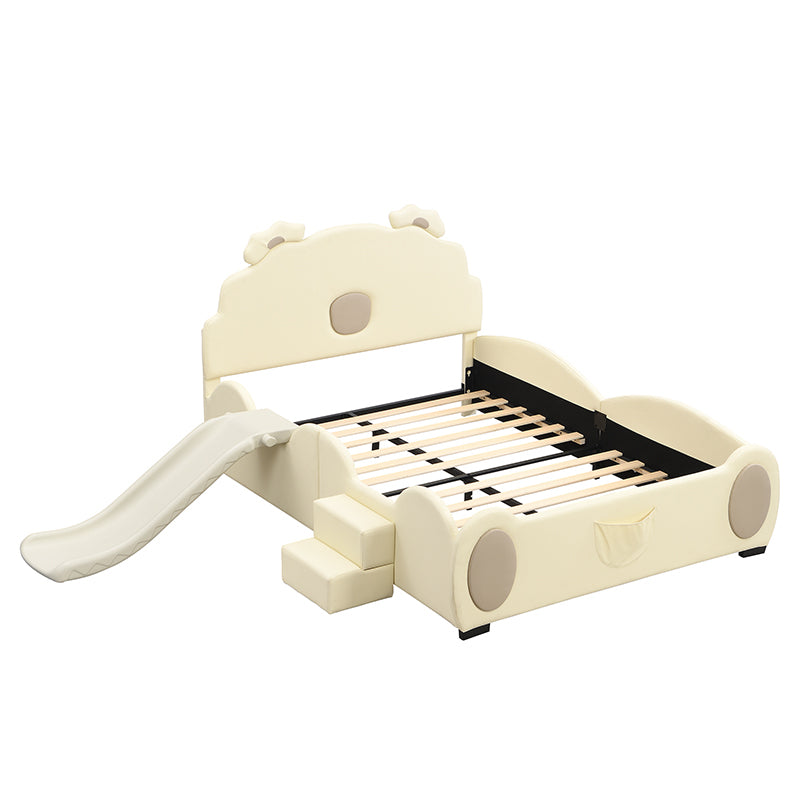 Full Size Upholstered Platform Bed With Piglet Shape Headboard And Children'S Slide, Beige Box Spring Not Required Full Beige Wood Bedroom Bed Frame Faux Leather Upholstered