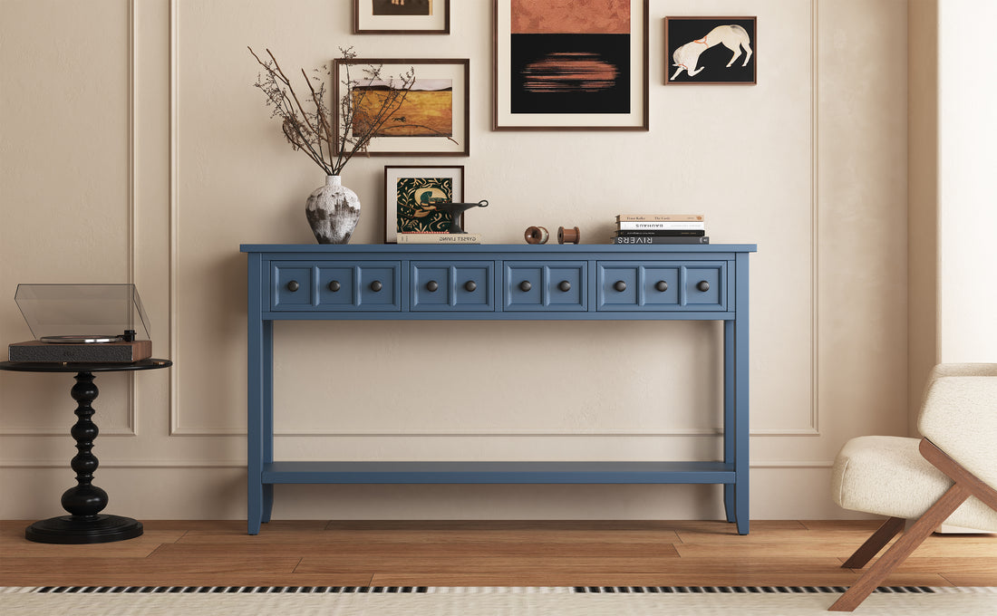 Rustic Entryway Console Table, 60" Long Sofa Table With Two Different Size Drawers And Bottom Shelf For Storage Antique Navy Antique Navy Solid Wood