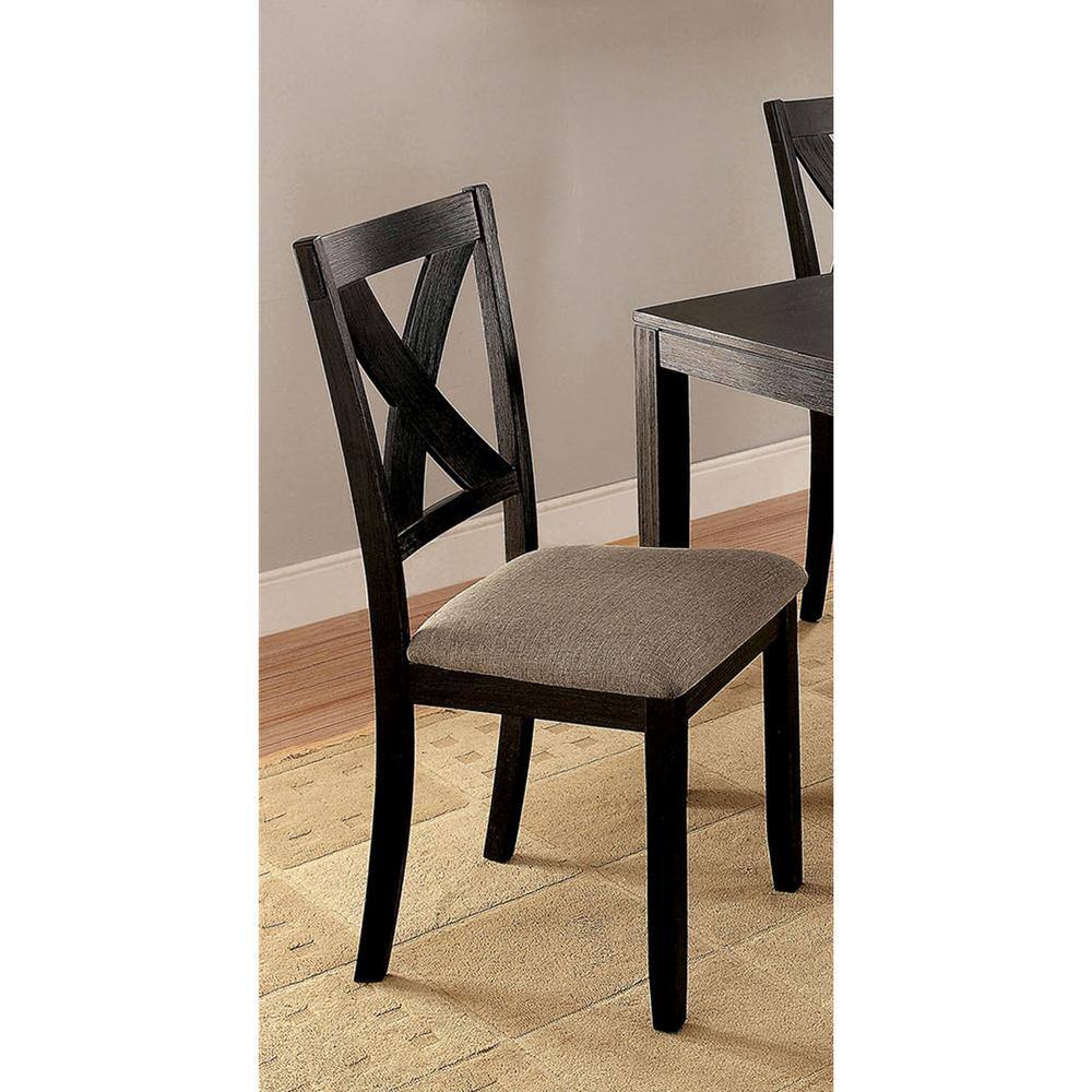 Brushed Black Solid Wood 5Pc Dining Set Table And 4X Chairs Brown Fabric Cushions Seats X Cross Back Design Chairs Dining Room Wood Black Brown Seats 4 Wood Dining Room 48 Inches Solid Wood Contemporary,Modern,Transitional 4 Leg Rectangular Rectangular