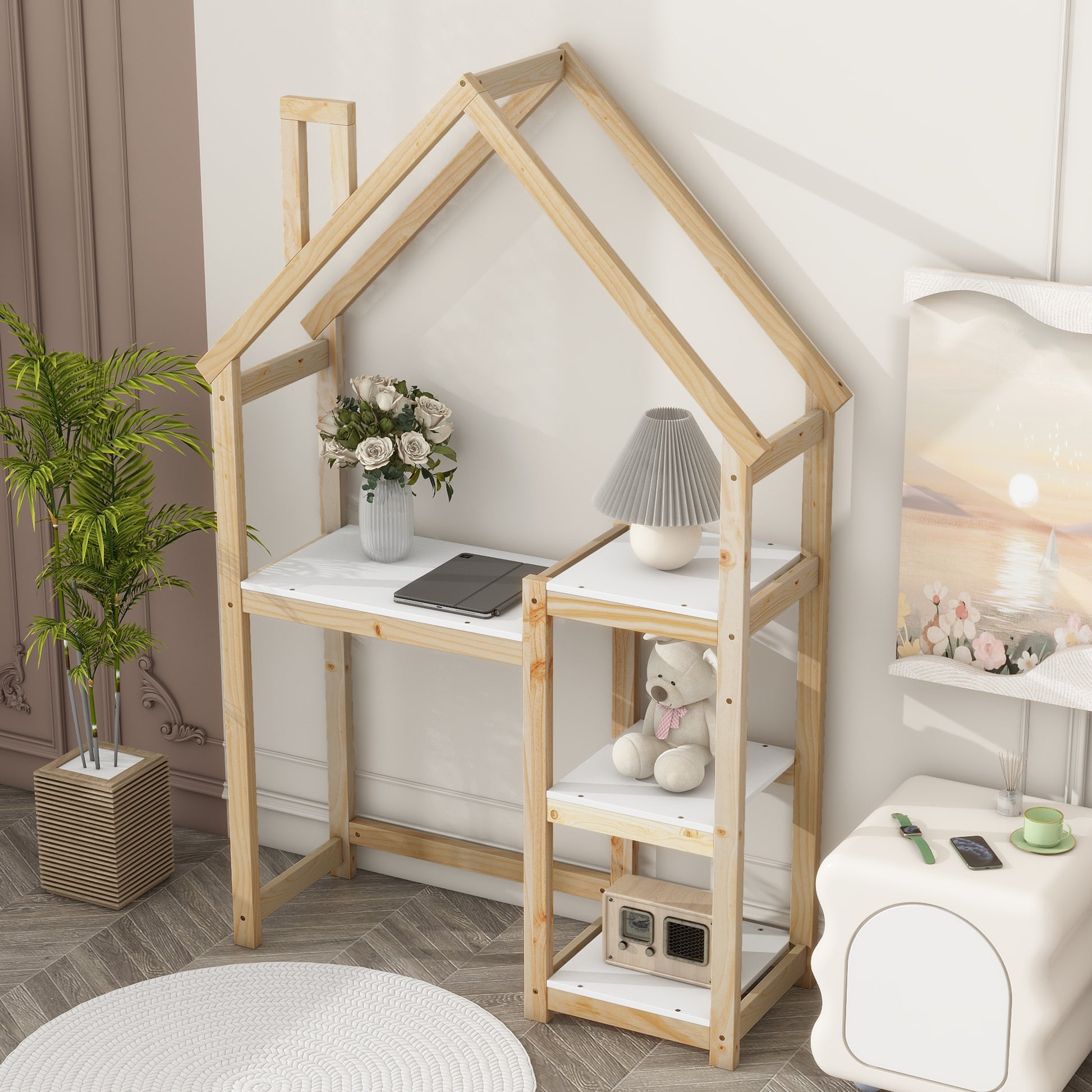 House Shaped Wooden Writing Desk,Kids Study Table,Bookshelf & Toy Storage,Natural Twin Natural American Design Pine