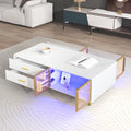 Modern White Coffee Table With 2 Glass Door Storage, 4 Drawers, Gold Metal Legs, And Multi Color Lighting In 47.2'' White Drawers Mdf