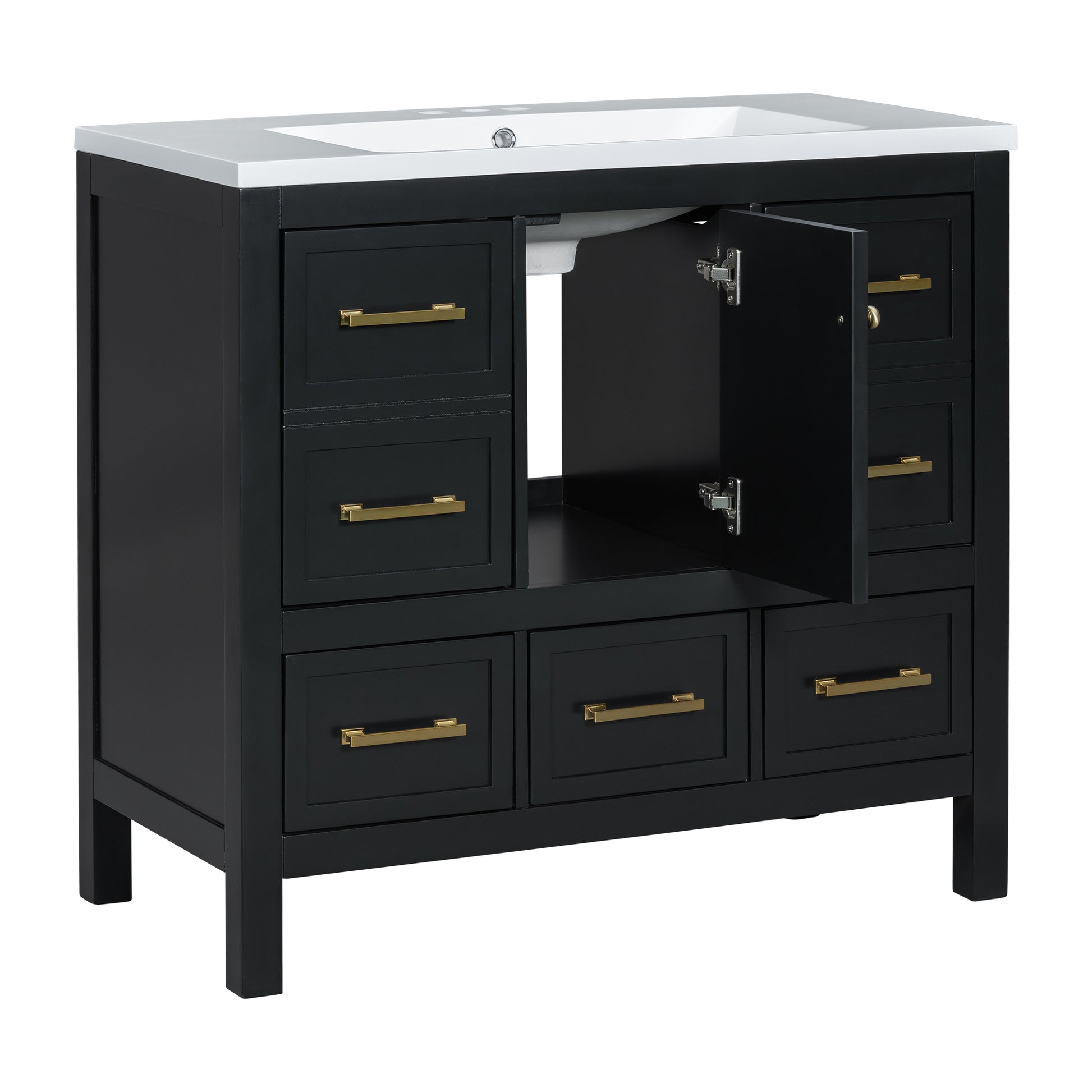 36'' Bathroom Vanity With Resin Sink Combo, Solid Wood Frame Bathroom Storage Cabinet, Freestanding Vanity Set With 5 Drawers& Soft Closing Doors Same As N710S136002B Black Bathroom Solid Wood Mdf Resin