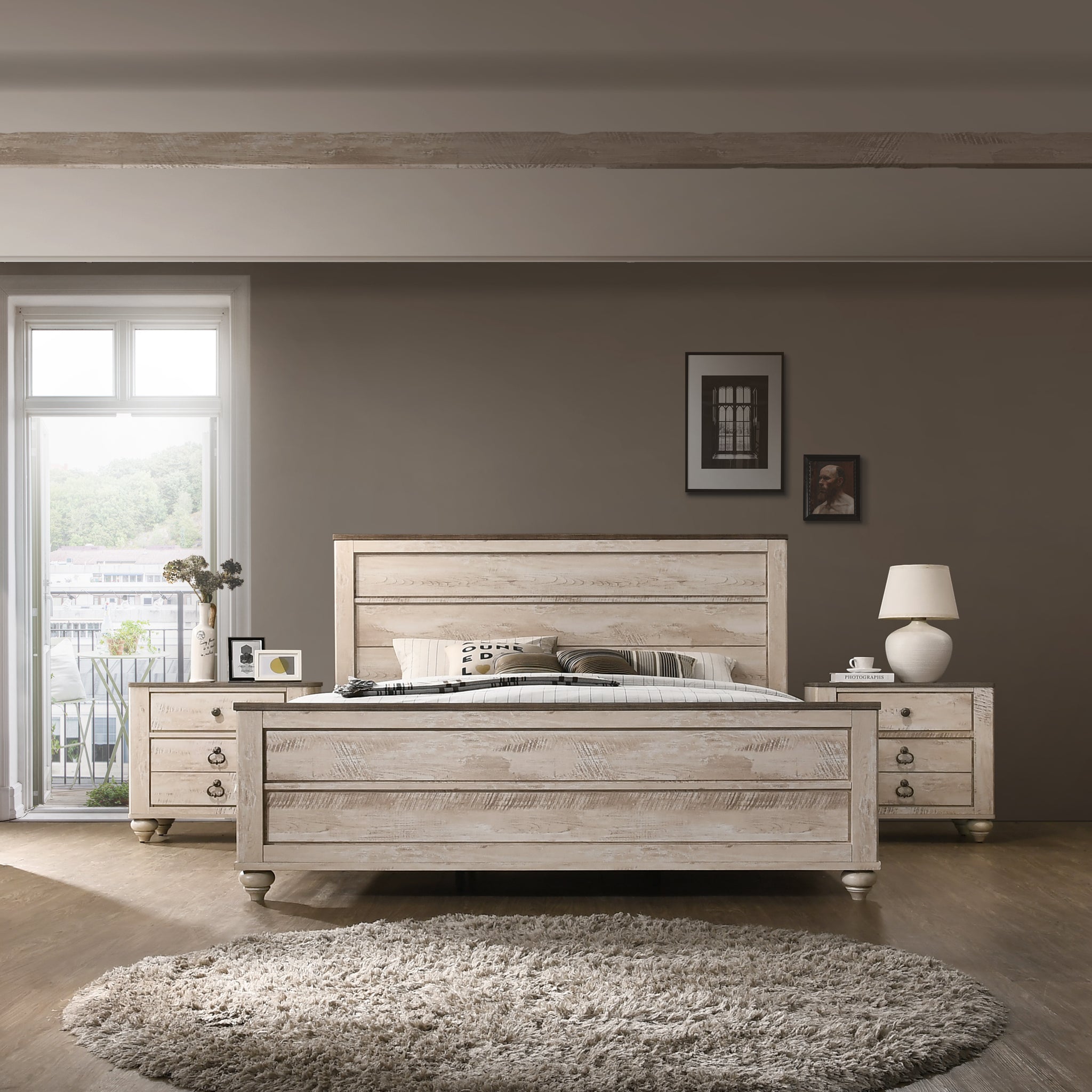 Imerland Contemporary White Wash Finish 3 Piece Bedroom Set Queen Bed And Two Nightstands Box Spring Required Queen Walnut Brown Wood Light Brown 3 Piece Set Bedroom Bed Included,Nightstand Included Contemporary,Modern Rubberwood Distressed Finish Wood