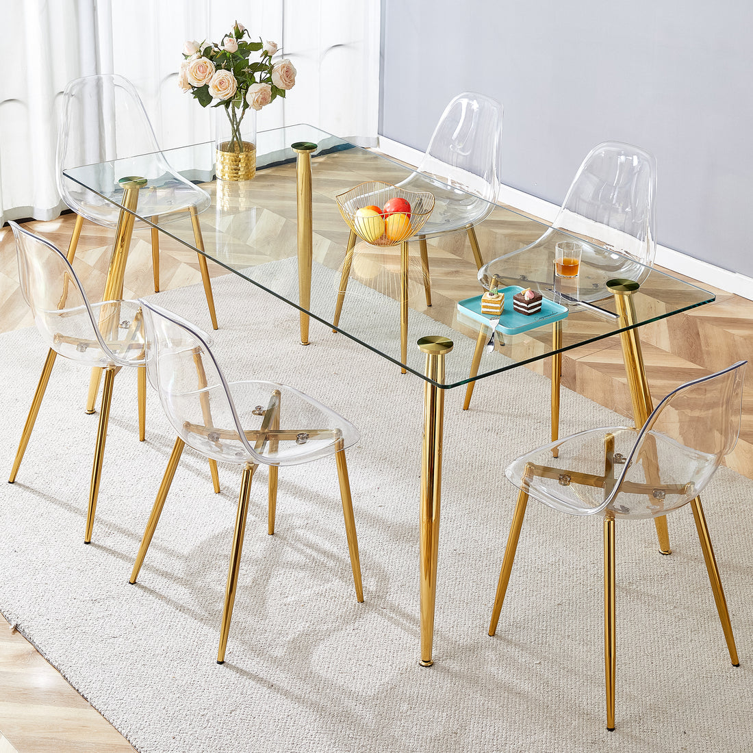 Table And Chair Set.Modern Rectangular Glass Dining Table With Tempered Glass Countertop And Golden Metal Legs, Paired With Multiple Transparent High Quality Pet Dining Chairs With Golden Legs. Gold Seats 6 Tempered Glass