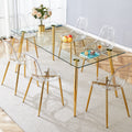 Table And Chair Set.Modern Rectangular Glass Dining Table With Tempered Glass Countertop And Golden Metal Legs, Paired With Multiple Transparent High Quality Pet Dining Chairs With Golden Legs. Gold Seats 6 Tempered Glass