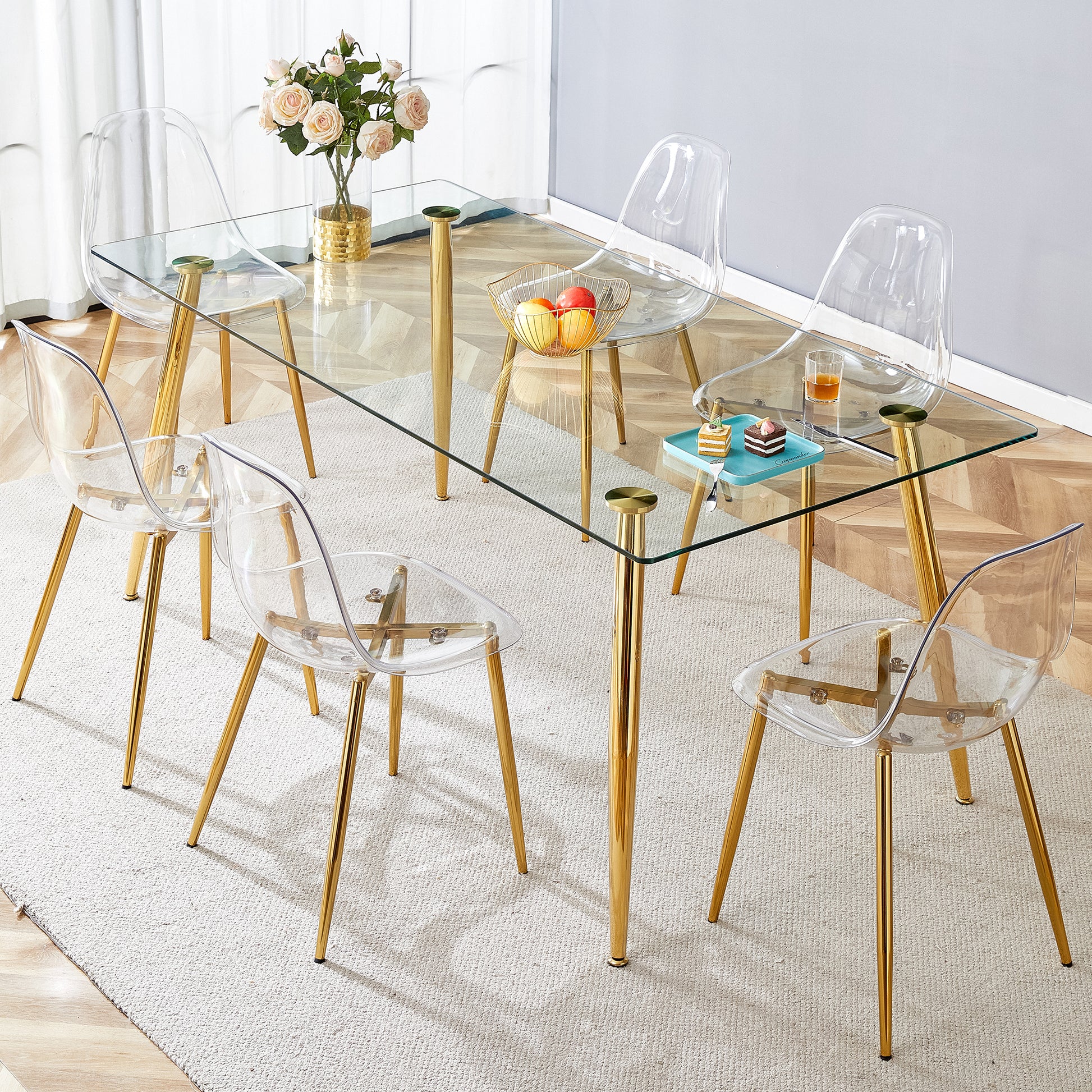 Table And Chair Set.Modern Rectangular Glass Dining Table With Tempered Glass Countertop And Golden Metal Legs, Paired With Multiple Transparent High Quality Pet Dining Chairs With Golden Legs. Gold Seats 6 Tempered Glass