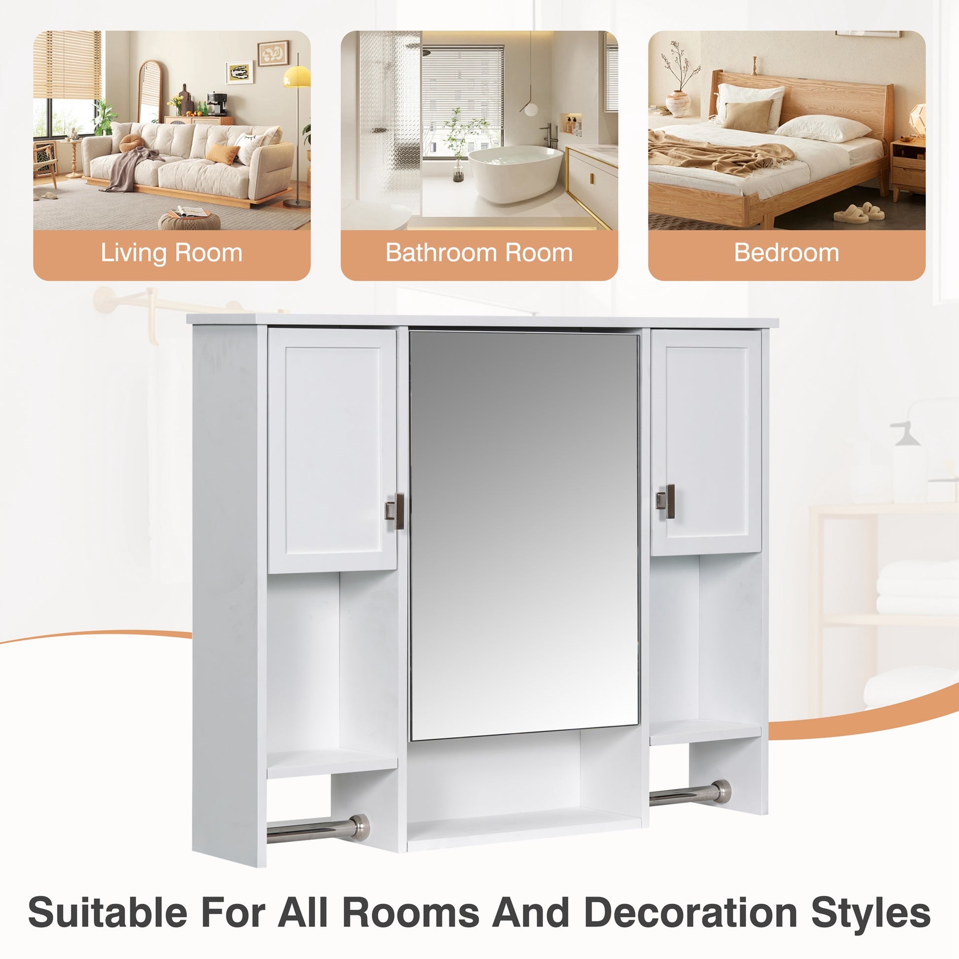 35'' X 28'' Modern Wall Mounted Bathroom Storage Cabinet, Bathroom Wall Cabinet With Mirror, Medicine Cabinet With Towels Bar White 3 5 Mirror Included Bathroom Wall Mounted Mdf Painted