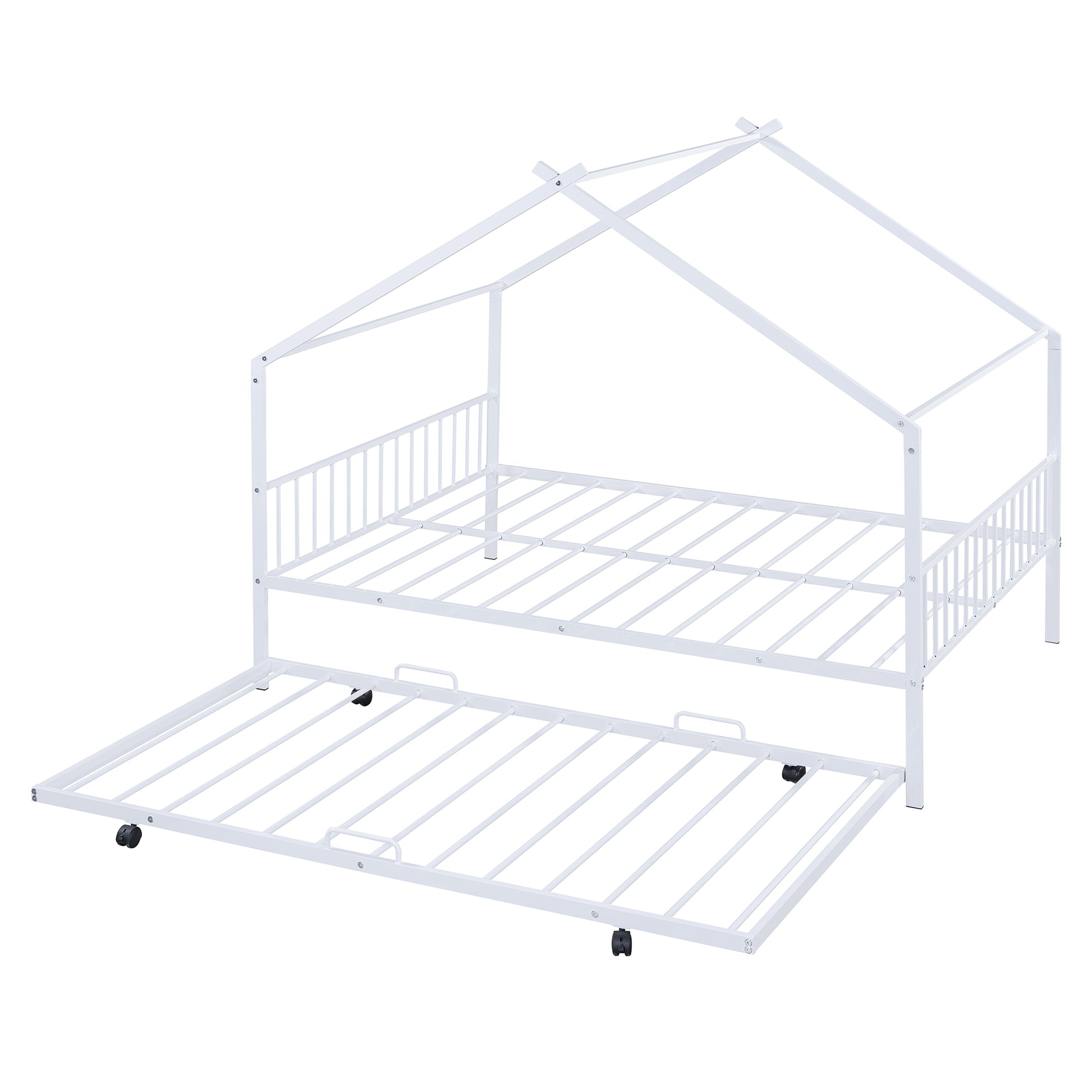 Full Size Metal House Bed With Twin Size Trundle, White Full White Metal