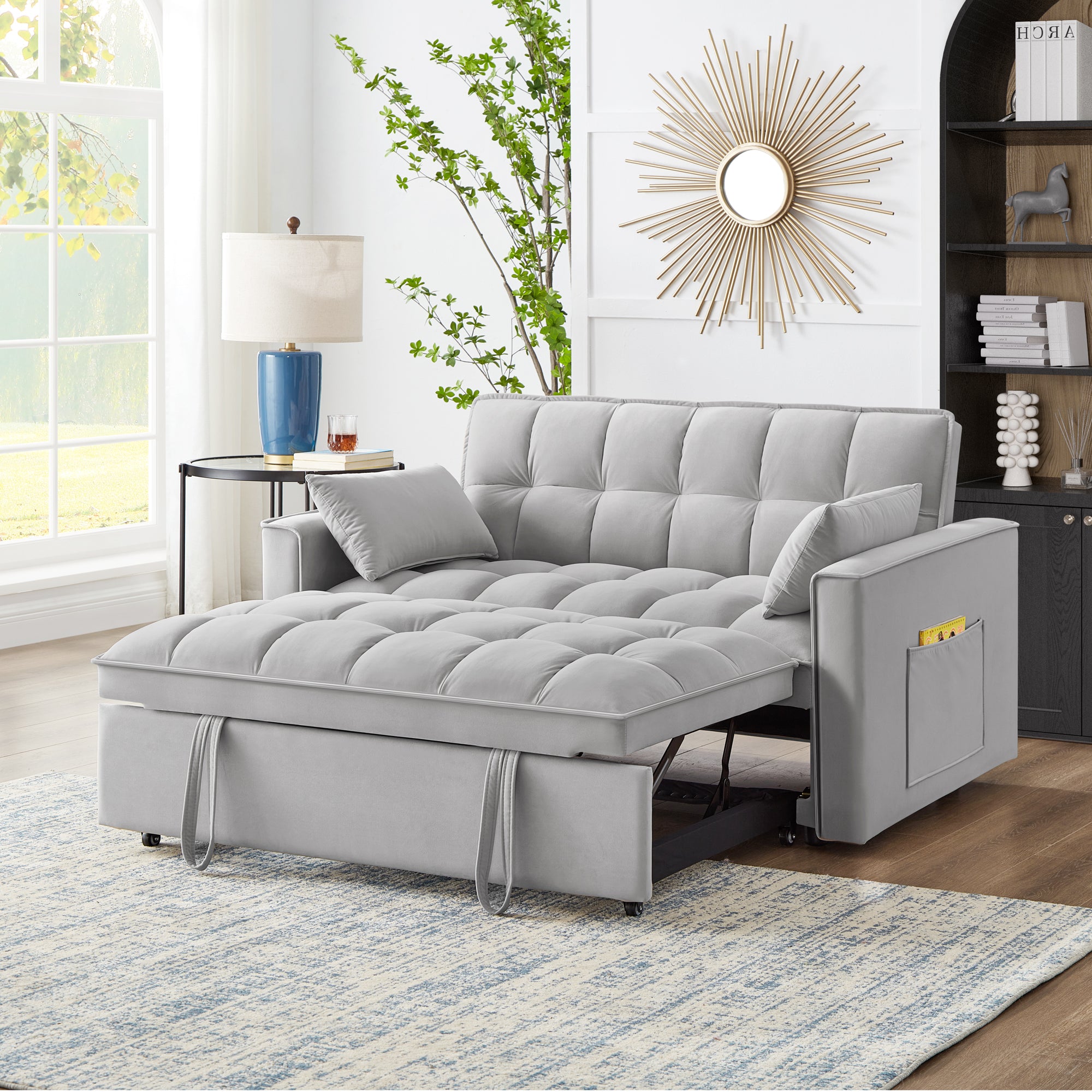 4 In1 Loveseat Sofa Bed With Armrests & Storage Pockets, Multi Function Tufted Pull Out Sofa Bed With Adjustable Backrest And Pillows, Convertible Loveseat Sofa Couch, Gray Gray Velvet Primary Living Space Medium Soft Tufted Back American