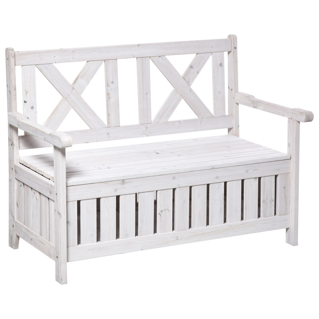 Outsunny Patio Wooden Bench With Storage Box, 29 Gallon Outdoor Storage Bench, Large Entryway Deck Box W Unique X Shape Back, For Deck, Porch & Balcony, White White Wood