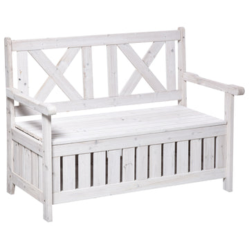 Outsunny Patio Wooden Bench With Storage Box, 29 Gallon Outdoor Storage Bench, Large Entryway Deck Box W Unique X Shape Back, For Deck, Porch & Balcony, White White Wood