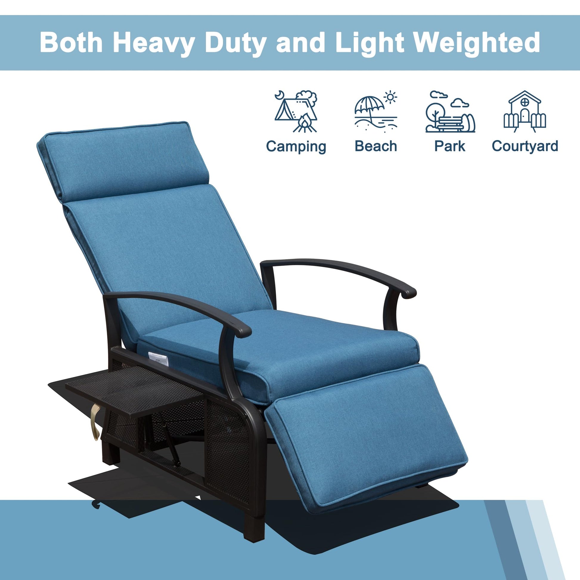 Adjustable Patio Recliner Chair Metal Outdoor Lounge Chair With Flip Table Push Back, Adjustable Angle, 6.8'' Removable Cushions, Support 350Lbs, Navy Blue Yes Blue Garden & Outdoor Metal