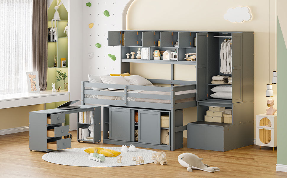 Full Size Wooden Loft Bed Big Storage With Under Bed Desk, With Drawers, With Shelves, Gray Full Gray Plywood