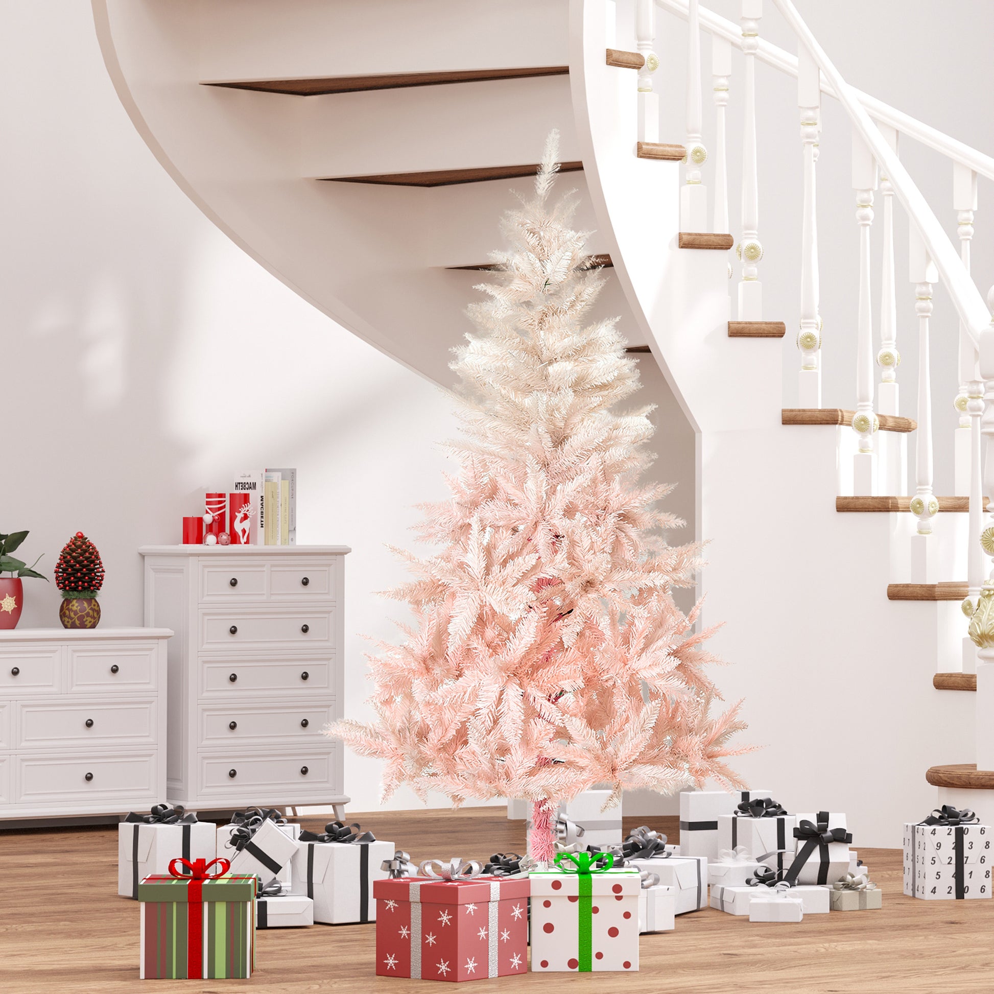 Homcom 6Ft Unlit Spruce Artificial Christmas Tree With Realistic Branches And 800 Tips, Pink Pink Plastic