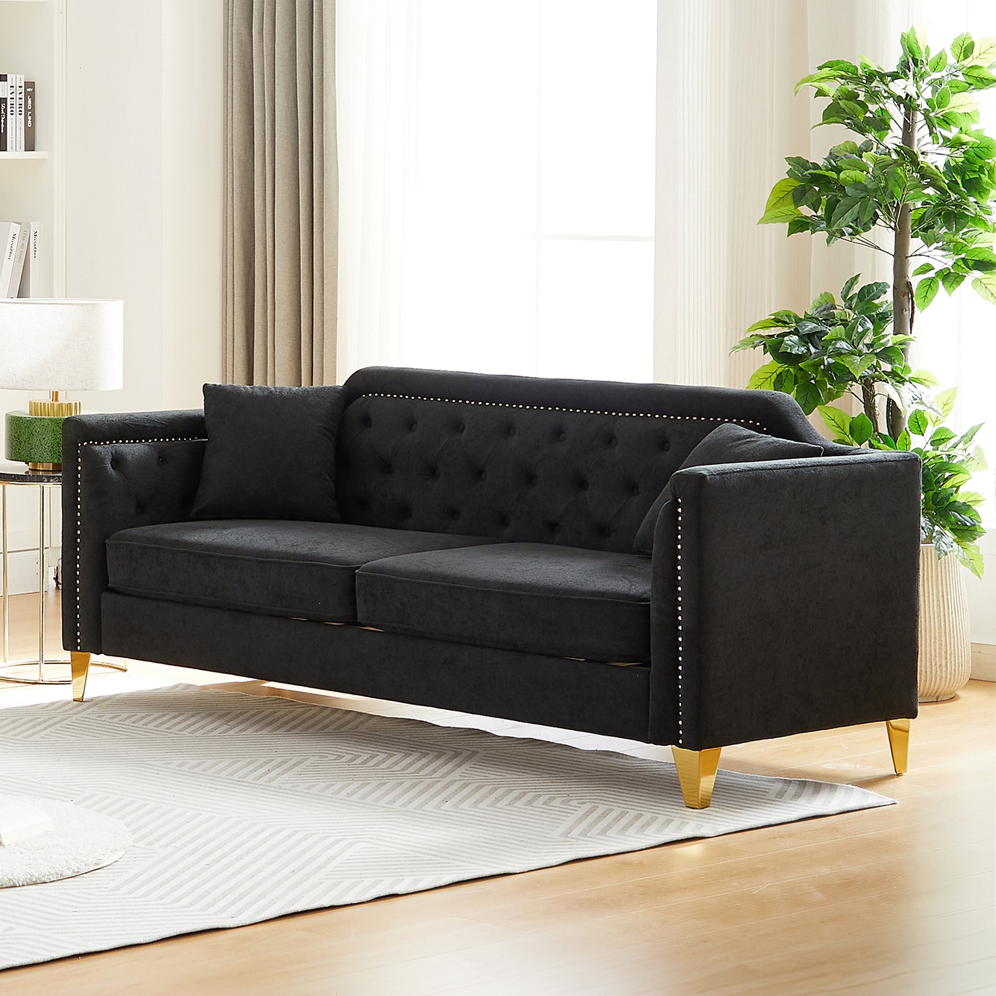 Fx81"Mid Century Design Modern Sofa,Chenille Pull Buckle Design Sofa For Living Room,Buttons Tufted With Copper Nail Decoration Armrest, With 2 Pillows,Modern Couch Upholstered Button And Metal Legs Black Chenille Pine Foam Fabric 3 Seat