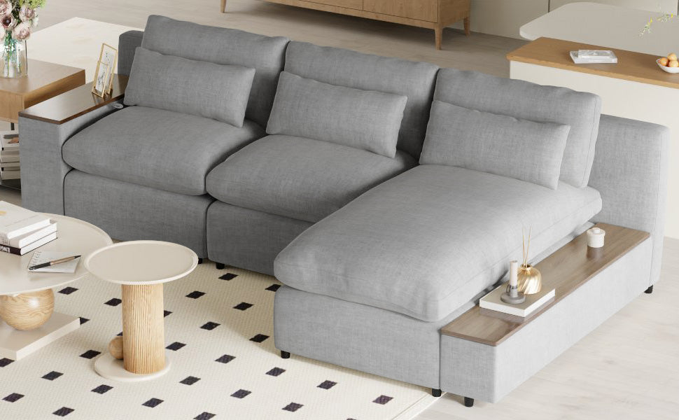L Shaped Modular Sectional Sofa With Removable Back Cushions,3 Pillows And 2 Storage Spaces,Suitable For Living Rooms,Offices And Apartments Gray Polyester 3 Seat