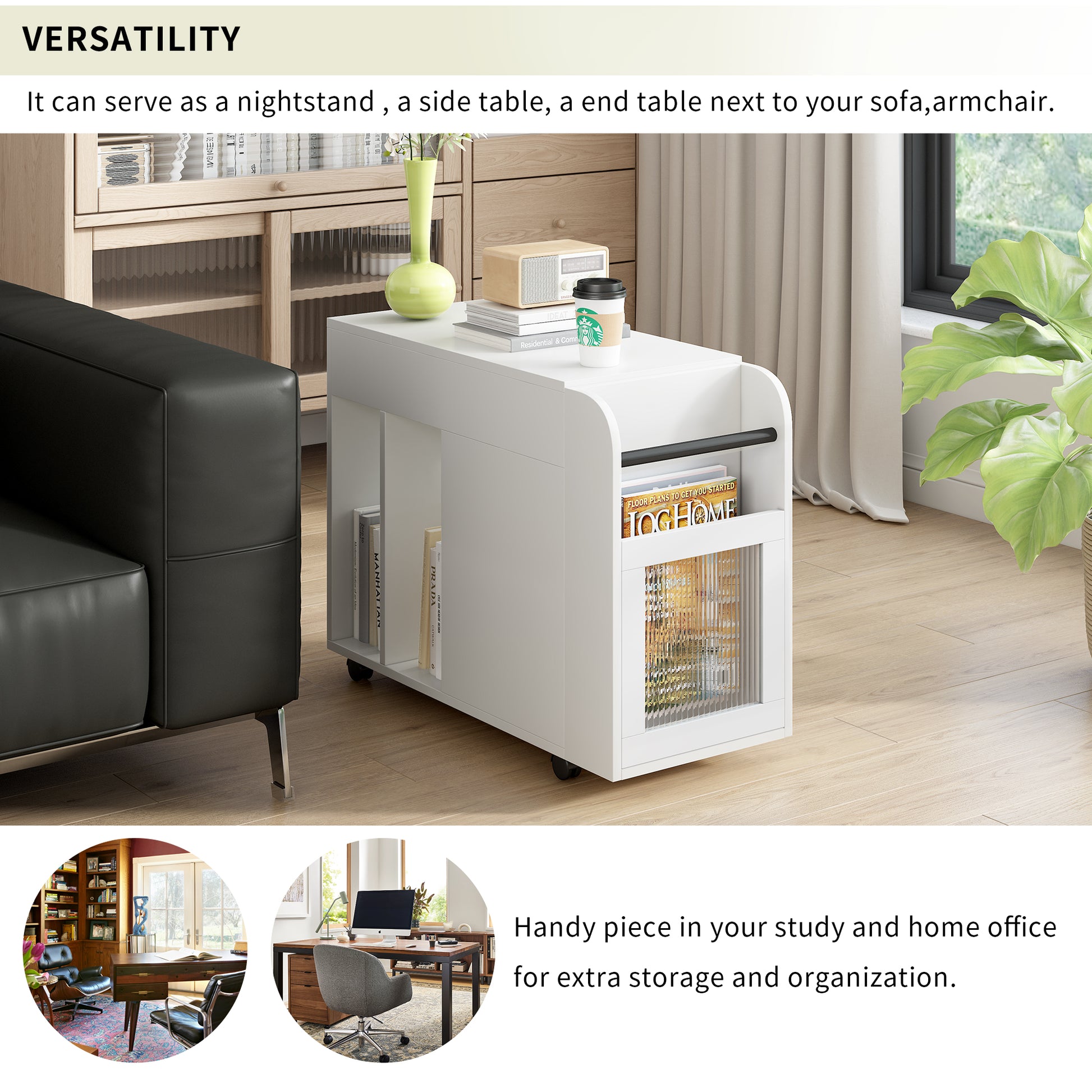 Multifunctional End Table With Wheels, Side Table With Tempered Glass Door, 2 Storage Shelves, 2 Drawers For Living Room, White White Mdf