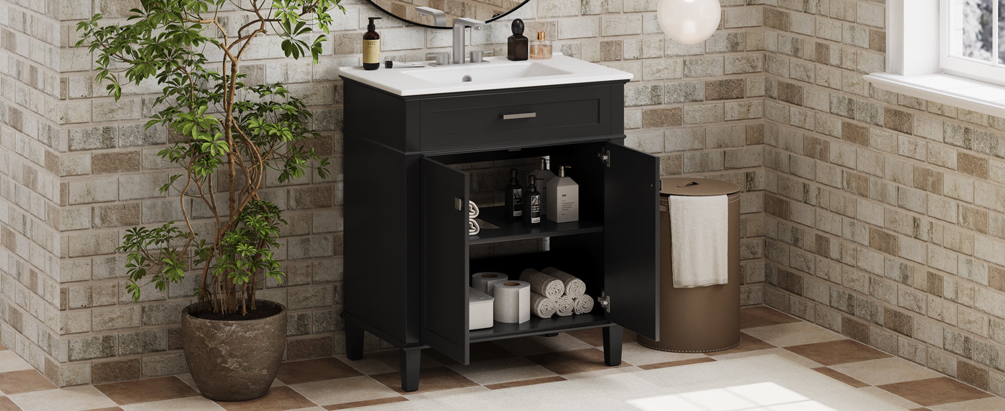 30 Inch Bathroom Vanity With Ceramic Basin, Soft Close Door And Adjustable Shelves Black Bathroom Solid Wood Mdf