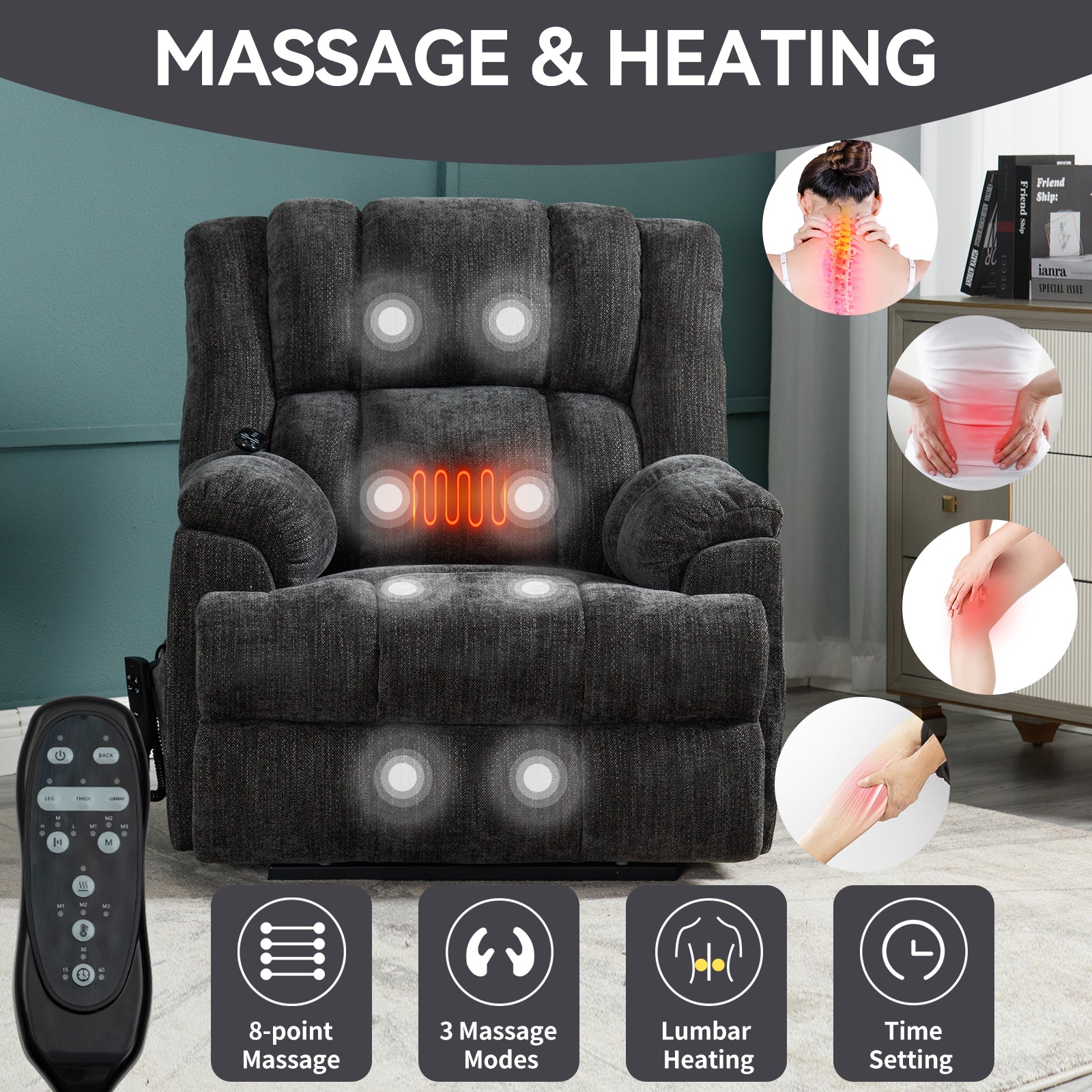 Dual Motor Heat Massage Infinite Position Up To 350 Lbs Electric Power Lift Recliners With Power Remote, Medium Firm And Heavy Duty, Grey White Metal Primary Living Space Heavy Duty Pine Grey Chenille Power Remote Medium Firm Cushion Back American Design