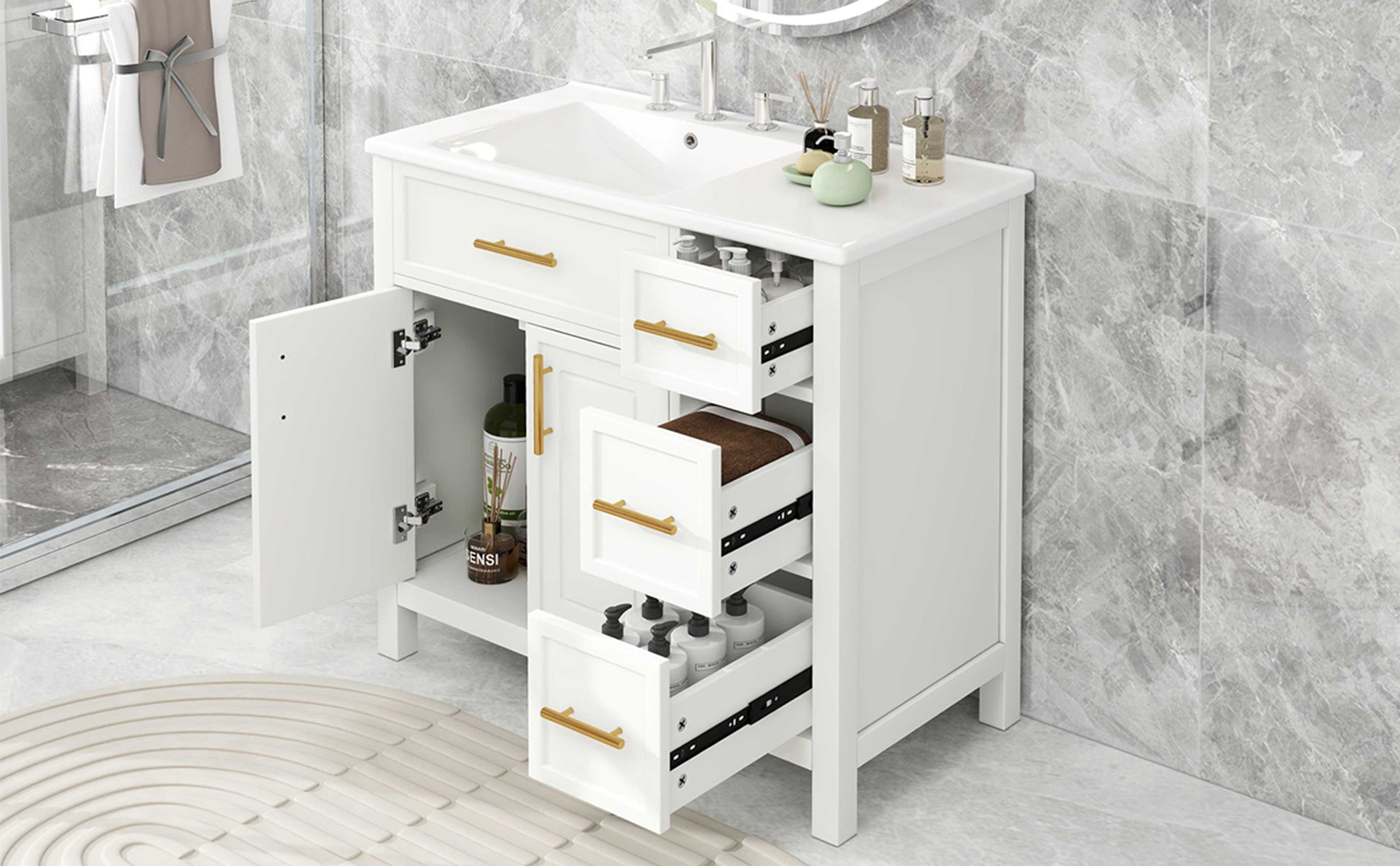 36" Bathroom Vanity With Sink Top, Bathroom Vanity Cabinet With Two Doors And Three Drawers, Solid Woodmdf Boards ,One Package, White White Solid Wood Mdf