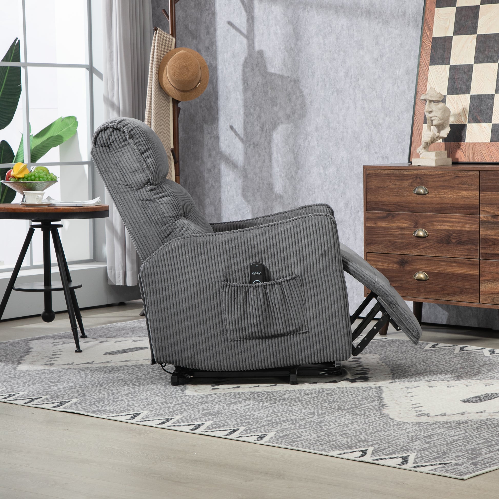 Coolmore Recliner Chair, Electric Recliner Chairs For Adults, Side Pocket Power Reclining Chair Pocket Springs Seat Cushion, Corduroy Fabric Recliner Sofa For Living Room, Bedroom, Home Theater Dg Dark Gray Foam Corduroy