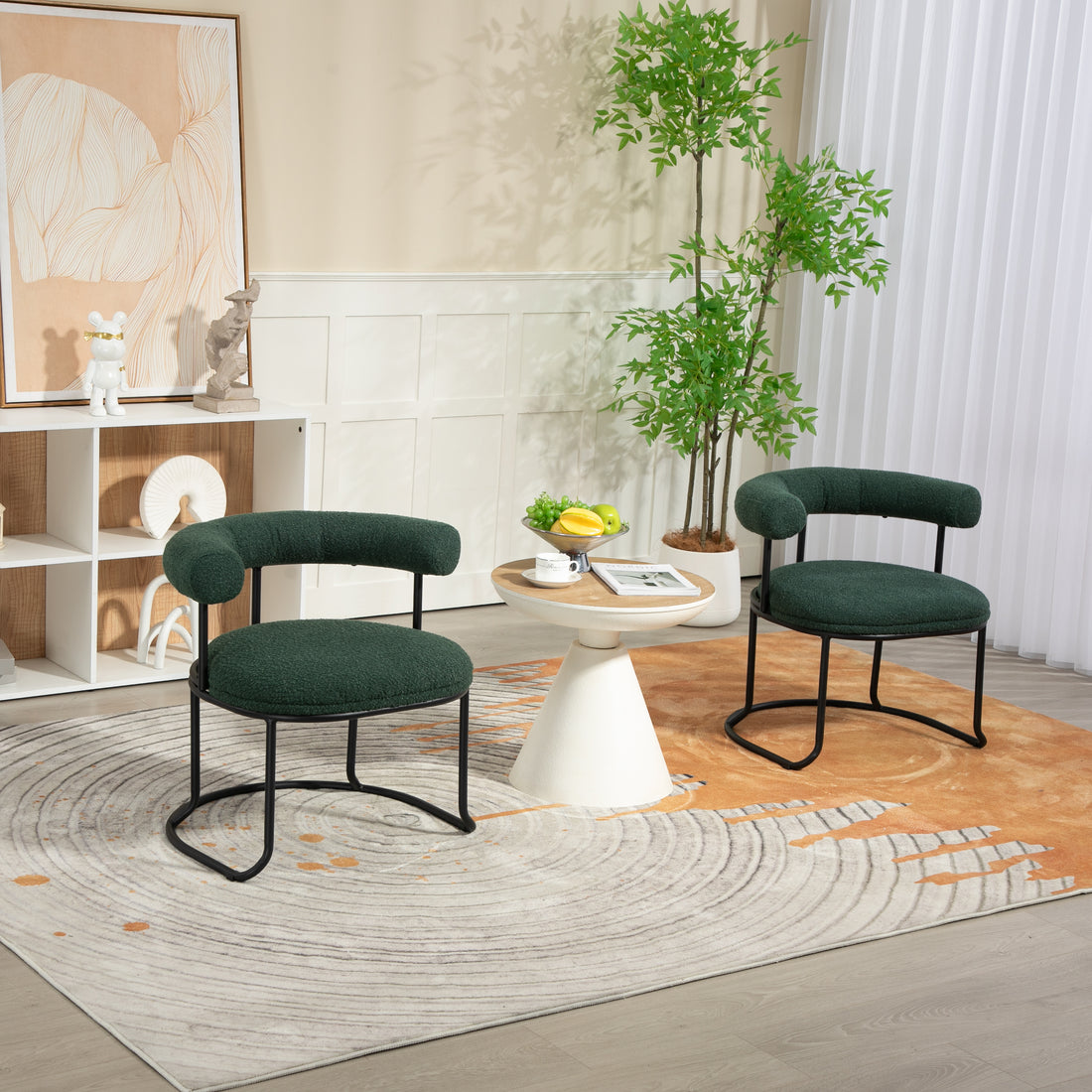 Coolmore Boucle Dining Chairs Set Of 2, Mid Century Modern Curved Backrest Chair, Round Upholstered Kitchen Chairs Emerald Boucle Emerald Foam Mdf Metal