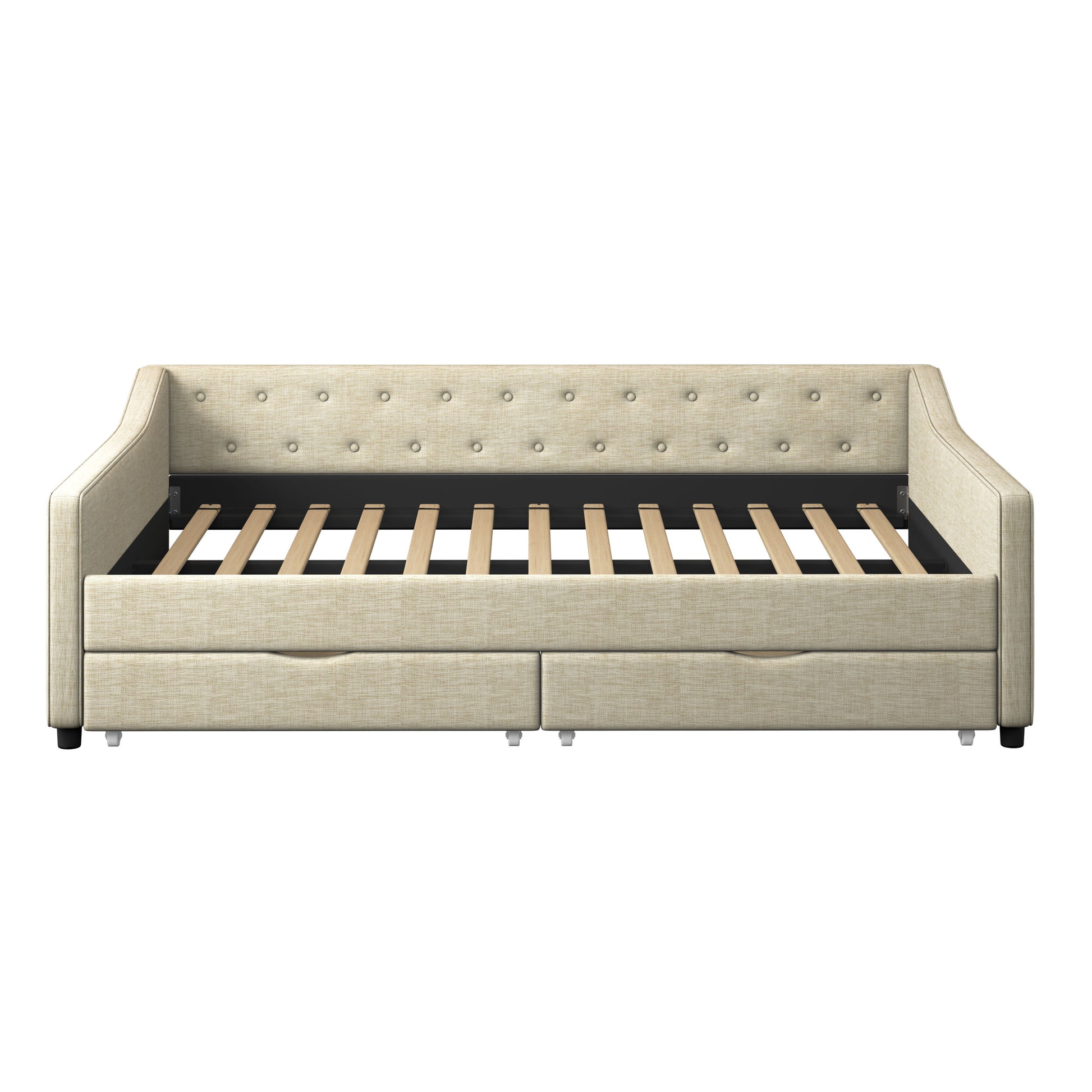 Full Size Daybed With Drawers Upholstered Tufted Sofa Bed, With Button On Back And Piping On Waved Shape Arms Beige Full Beige Wood Fabric