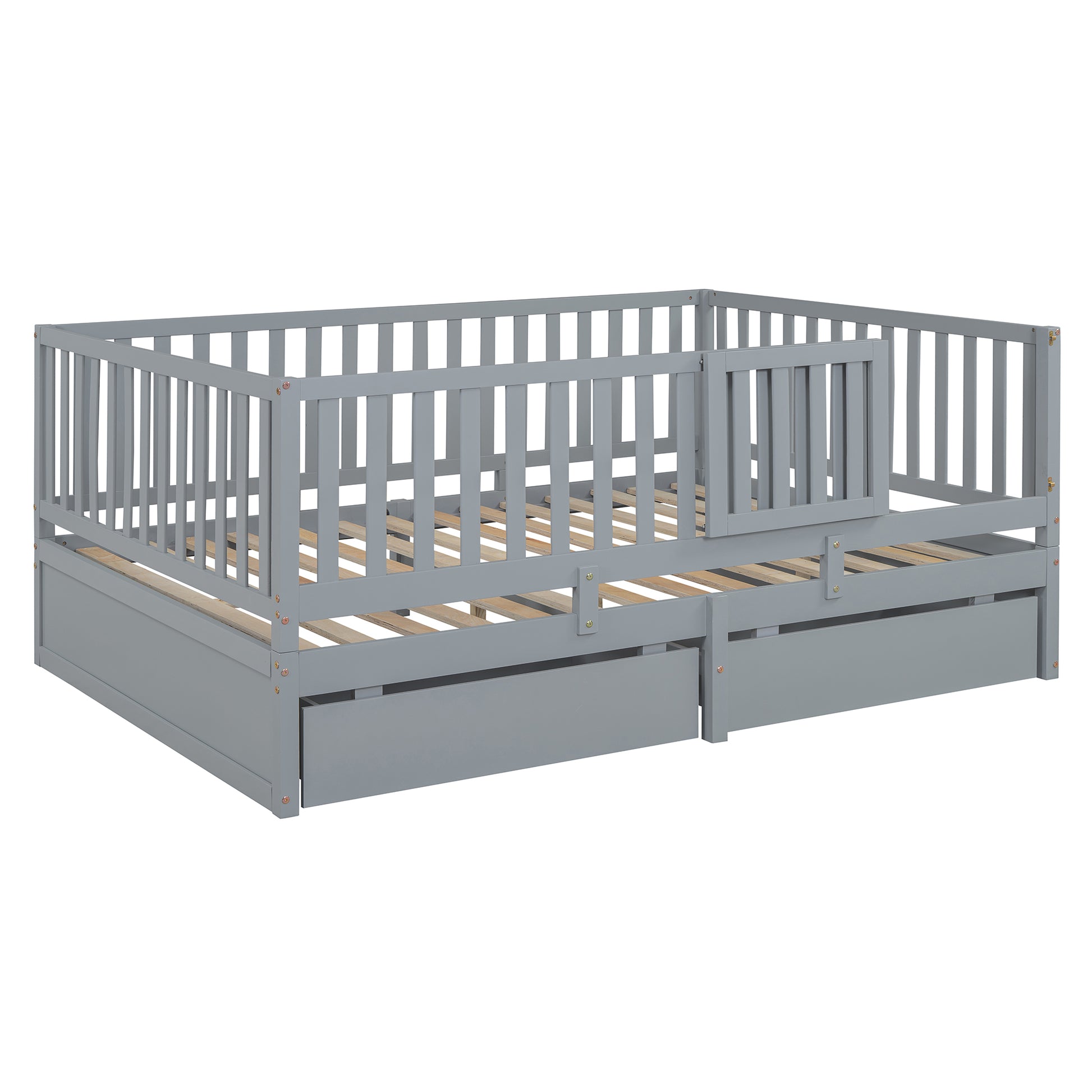 Full Size Wood Daybed With Fence Guardrails And 2 Drawers, Split Into Independent Floor Bed & Daybed, Gray Old Sku :Lp000882Aae Full Gray Solid Wood Mdf