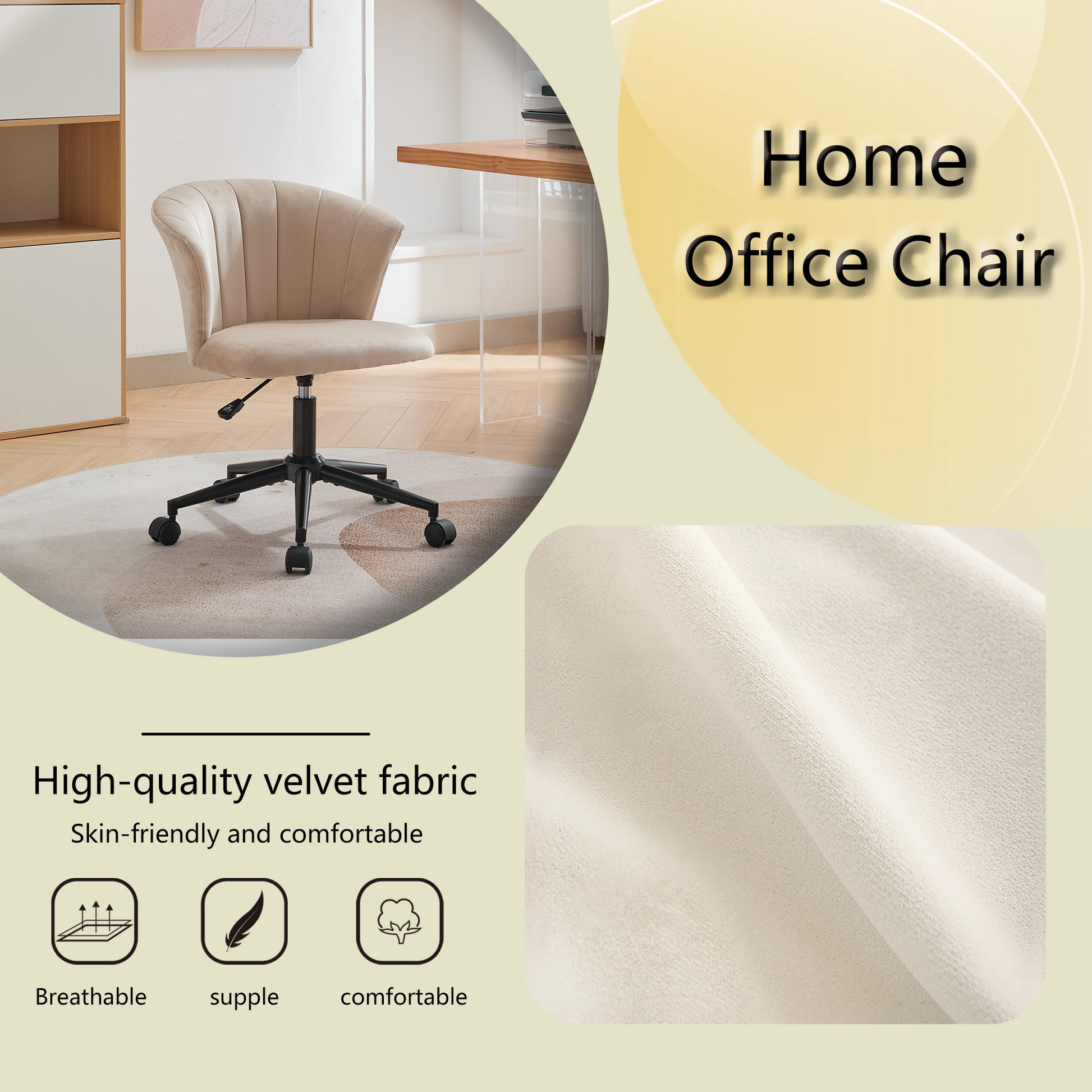 Home Office Chair, Velvet Fabric Swivel Flower Shape Computer Desk Chair For Home Office Or Bedroom Camel Foam Polyester Blend