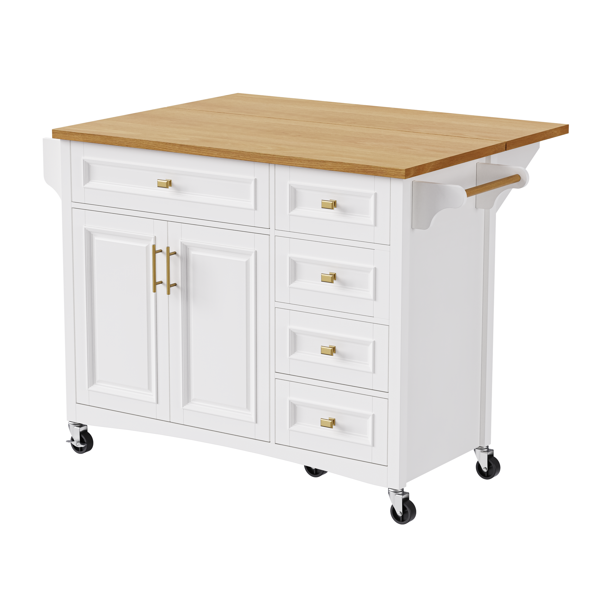 K&K 52'' Kitchen Island With Drop Leaf, Embossed Texture Kitchen Island On Wheels With Spice Rack, Towel Rack, 2 Doors And 5 Drawers, Kitchen Storage Cart With Adjustable Shelf For Kitchen, White