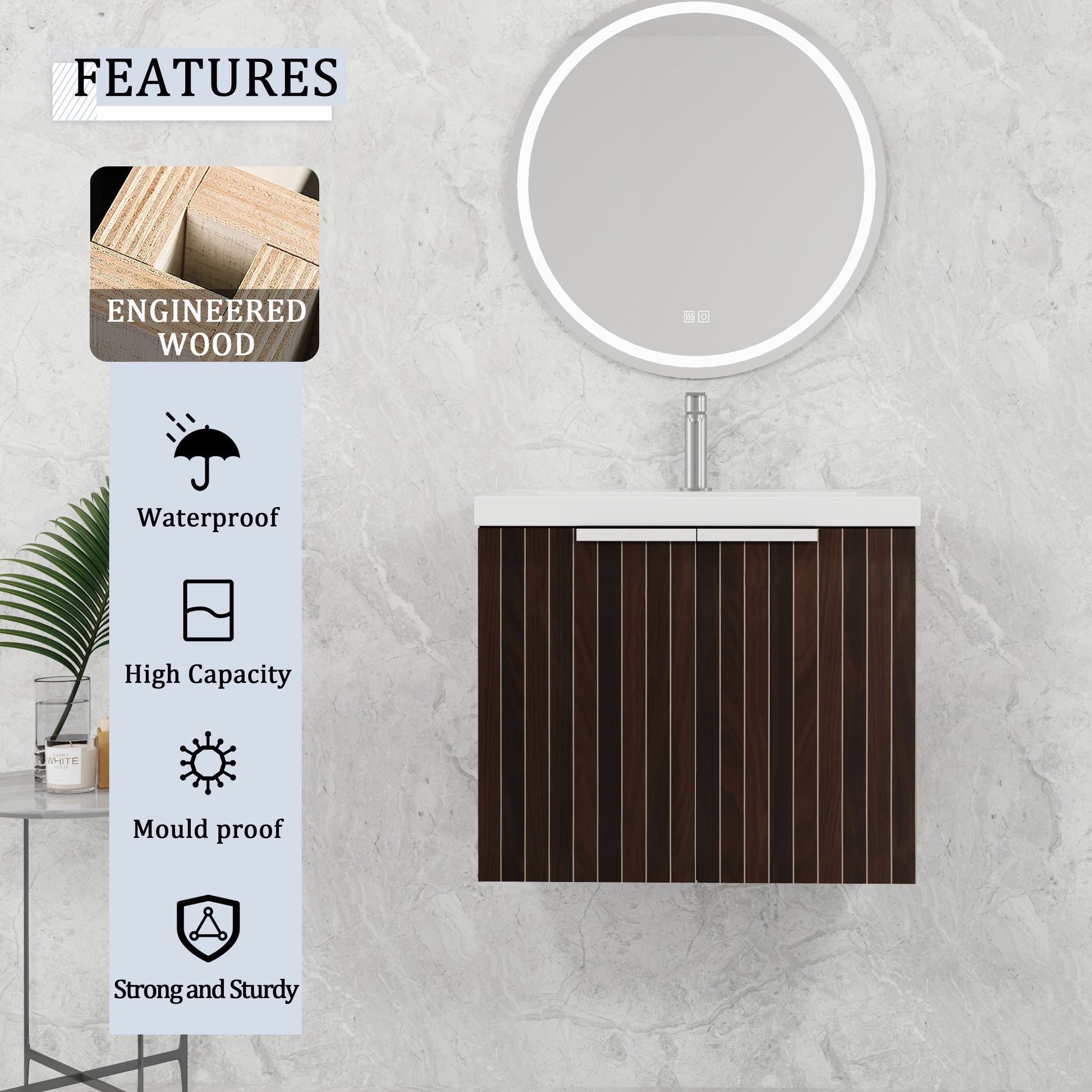 24 Inch Bathroom Cabinet With Resin Sink,Soft Close Doors,Float Mounting Design, For Small Bathroom Silver Brown Stripe Bathroom Modern Plywood Plywood