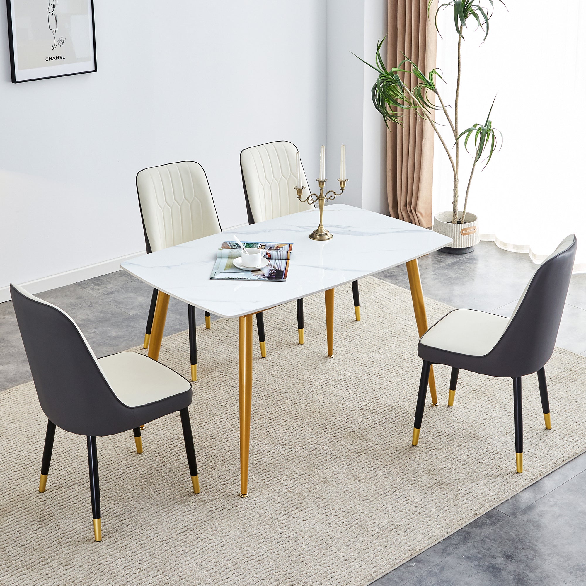 Table And Chair Set.A Morden Table With White Imitation Marble Patterned Stone Burning Tabletop With Golden Metal Legs.Paried With 4 Chairs With Pu Leather Backrest And Black Metal Legs. Black,White Gold Seats 4 Metal,Sintered Stone