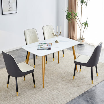 Table And Chair Set.A Morden Table With White Imitation Marble Patterned Stone Burning Tabletop With Golden Metal Legs.Paried With 4 Chairs With Pu Leather Backrest And Black Metal Legs. Black,White Gold Seats 4 Metal,Sintered Stone