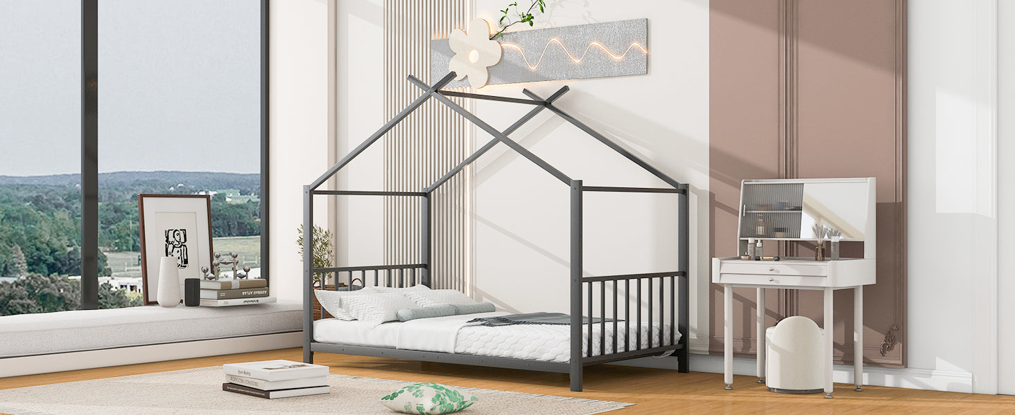 Twin Size Metal House Platform Bed, Black Box Spring Not Required Twin Black Metal Bedroom Bed Frame Metal