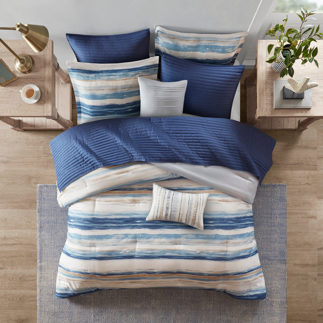 8 Piece Printed Seersucker Comforter And Quilt Set Collection Blue King Cal King King Blue Polyester