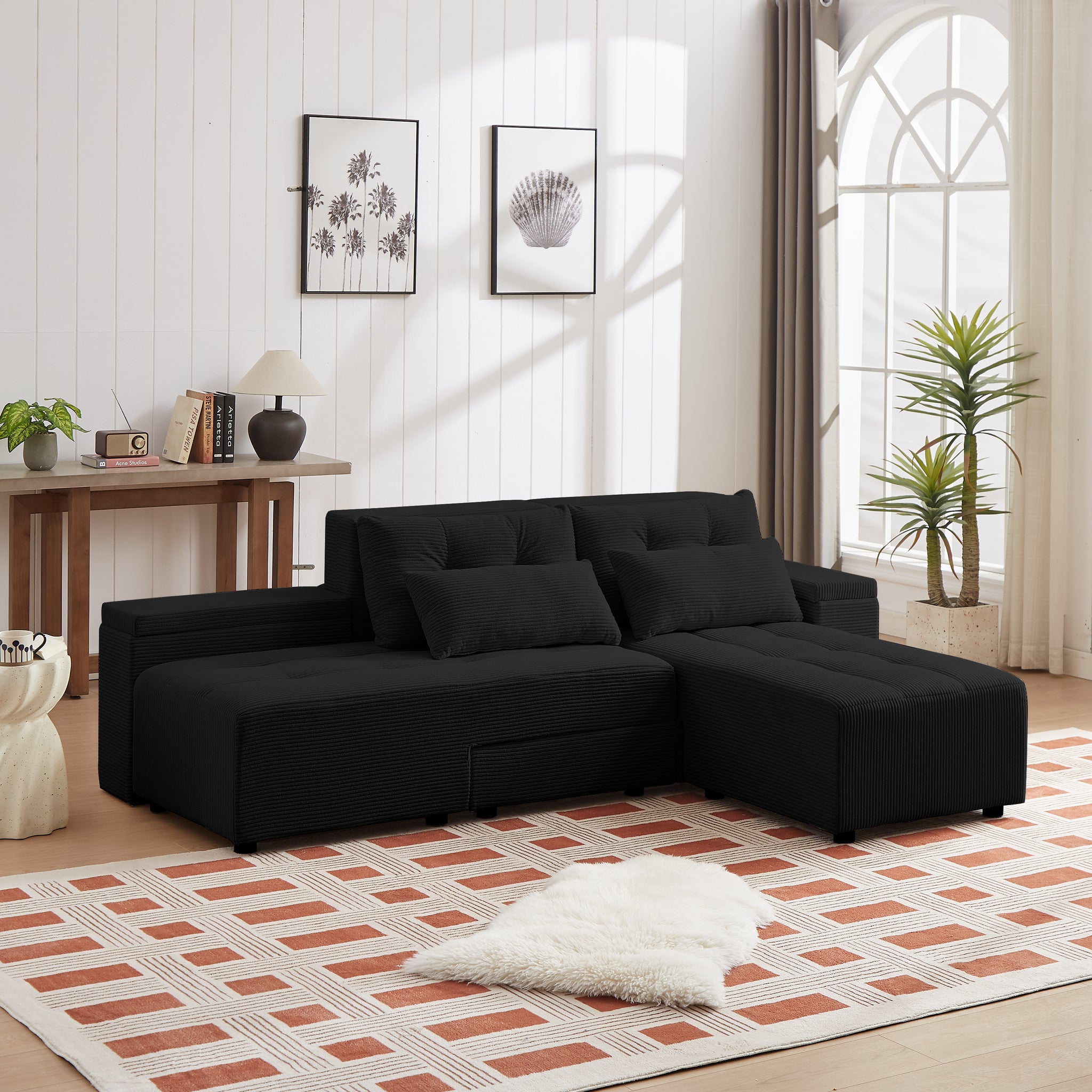 Convertible 3 In 1 Sleeper Sofa And Sectional Sofa With 4 Storage Space For Living Room,Corduroy Couch With 4 Pillows,Corduroy Black Corduroy 3 Seat