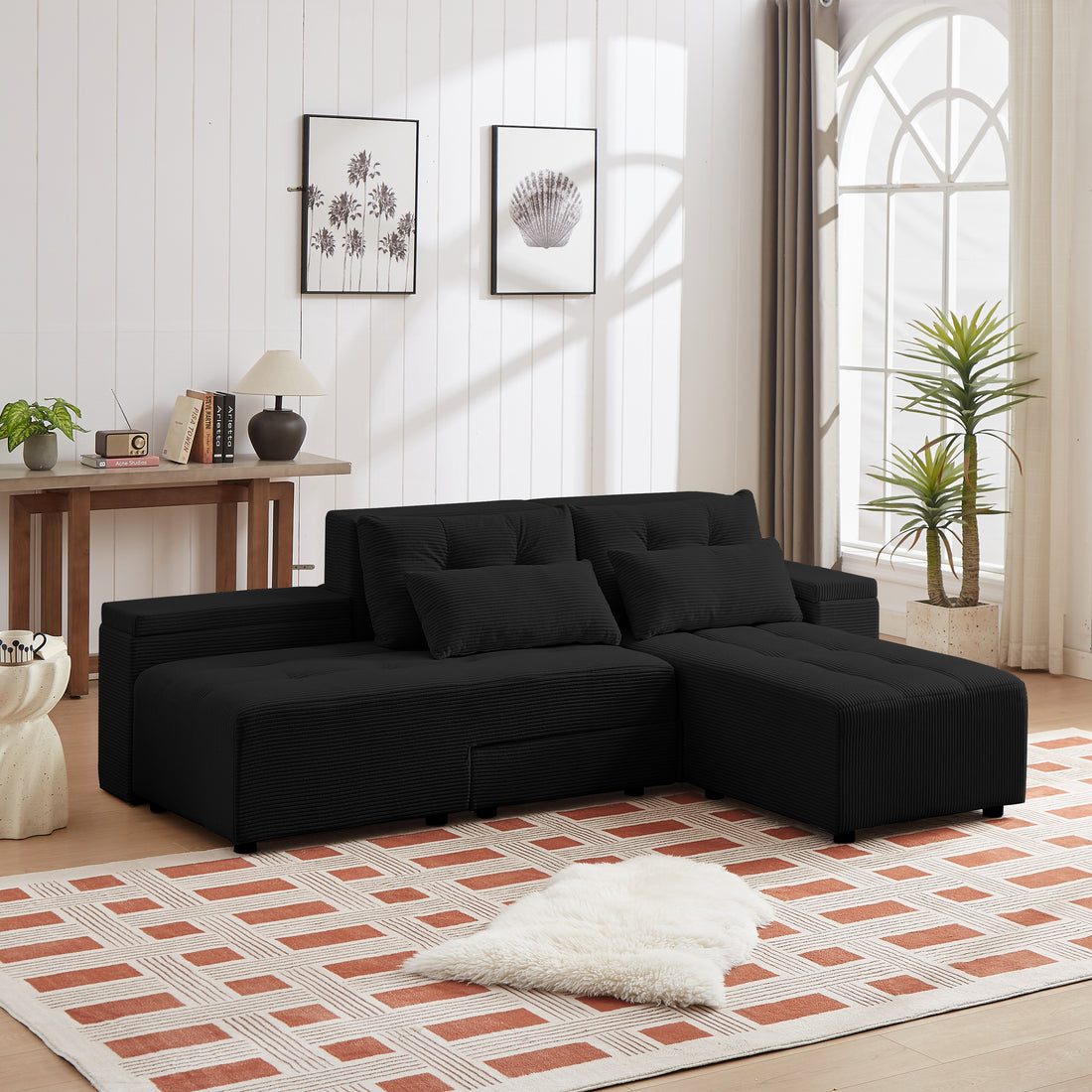 Convertible 3 In 1 Sleeper Sofa And Sectional Sofa With 4 Storage Space For Living Room,Corduroy Couch With 4 Pillows,Corduroy Black Corduroy 3 Seat