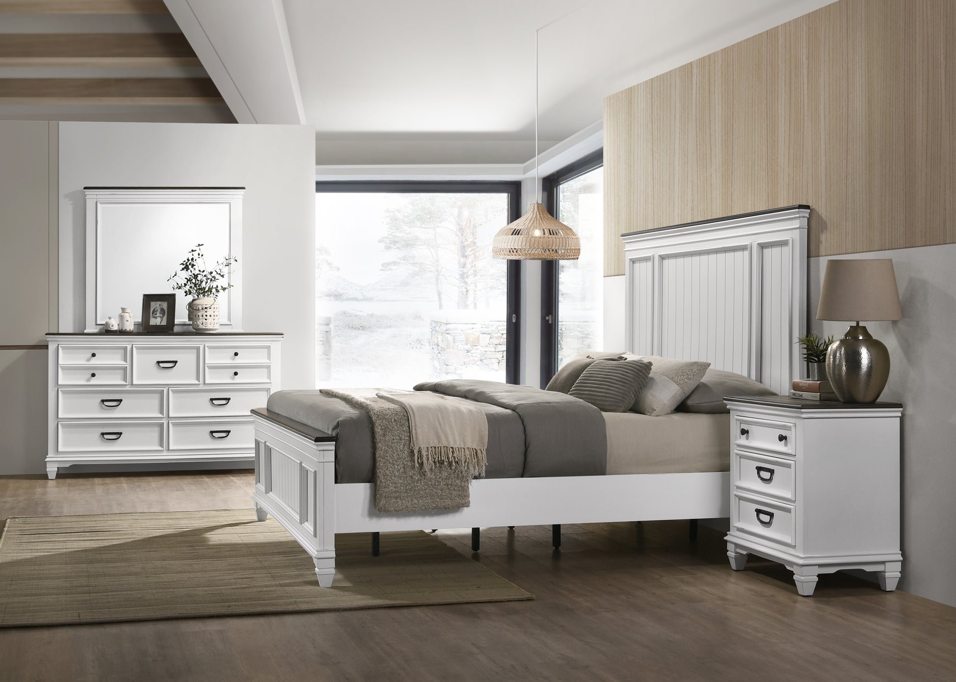 Clelane Wood Bedroom Set With Lap Panel King Bed, Dresser, Mirror, And Nightstand Box Spring Required King Antique White Gray Wood White 4 Piece Set Bedroom Bed Included,Dresser Included,Mirror Included,Nightstand Included Contemporary,Modern Rubberwood