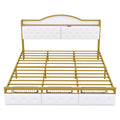 Metal Platform Bed With 3 Drawers, Storage Headboard, King, Gold King Gold White Fabric Metal